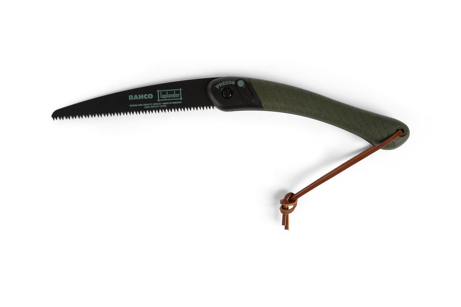The JHW Bahco 396 Lap Bushcraft Saw features a curved folding design, green and black handle, fine serrated blade, and brown wrist strap—perfect as a camping saw or for outdoor tasks.