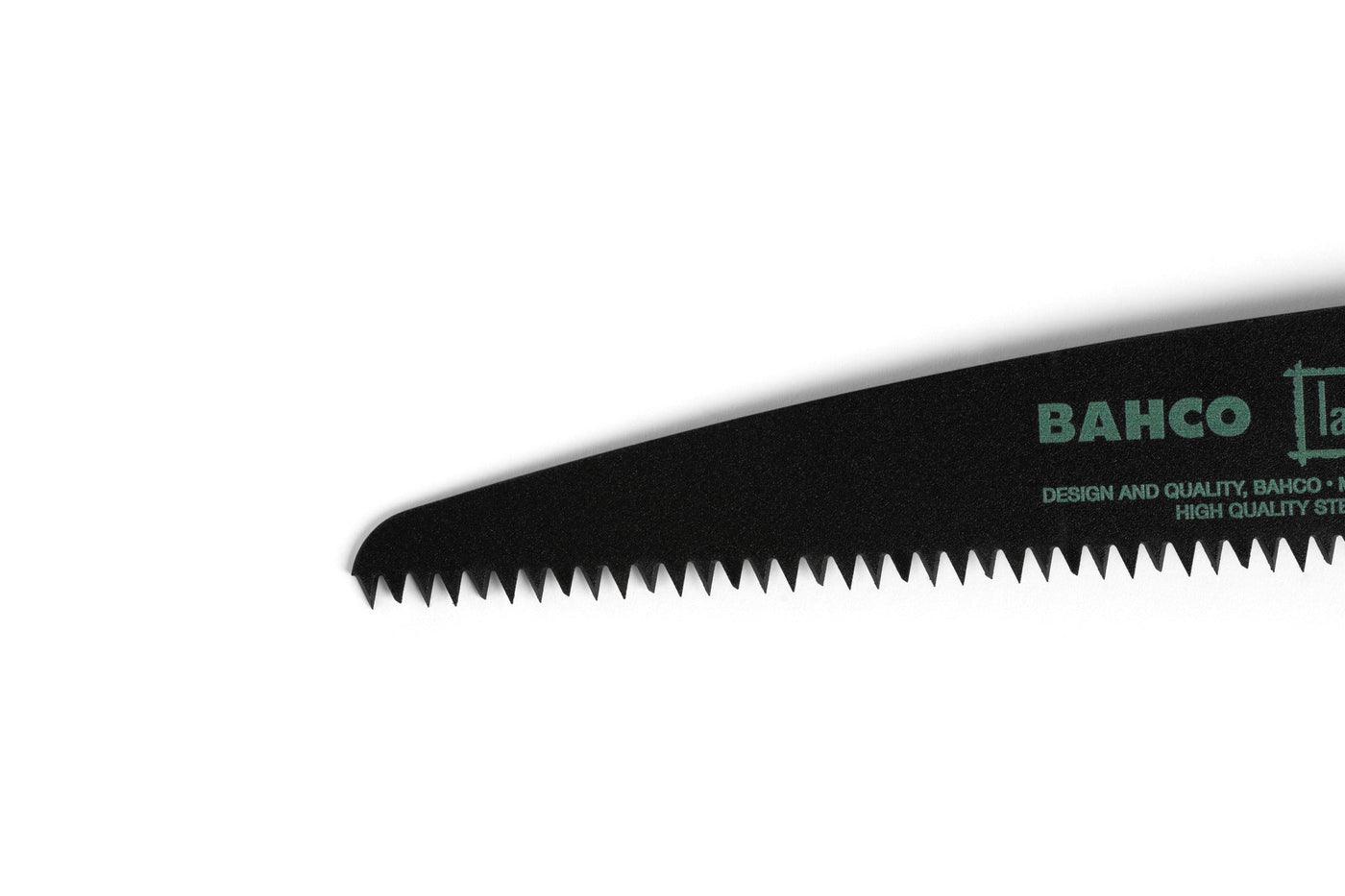Close-up of the serrated blade edge of a JHW Bahco 396 Lap Bushcraft Saw against a white background, with part of the brand name and product details visible on the blade.