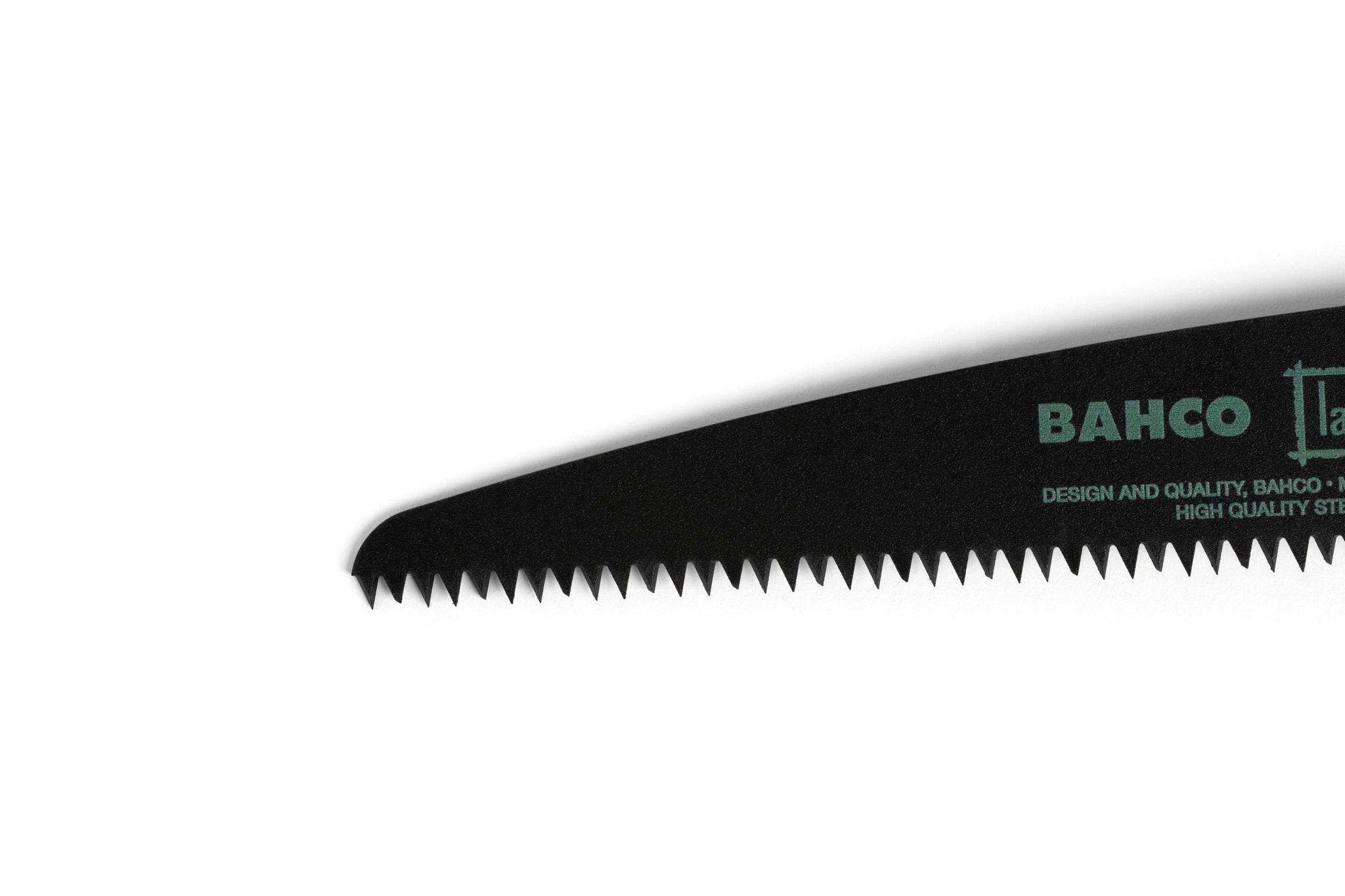 Close-up of the serrated blade edge of a JHW Bahco 396 Lap Bushcraft Saw against a white background, with part of the brand name and product details visible on the blade.