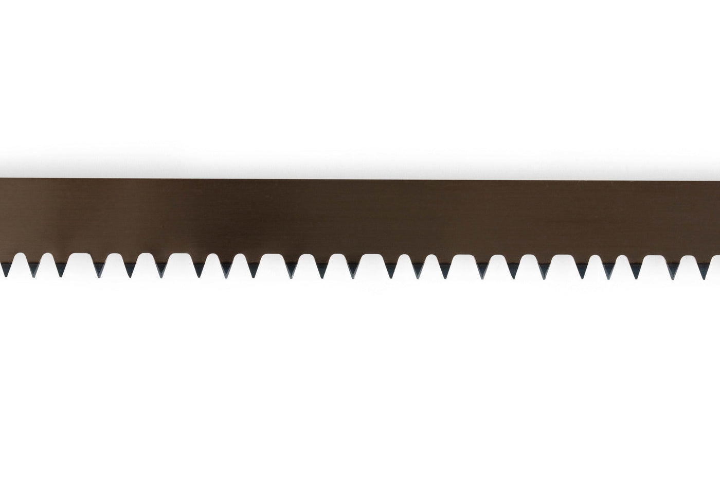 A close-up of the JHW Bahco Bow Saw’s serrated blade, featuring sharp, evenly spaced teeth, set against a white background.