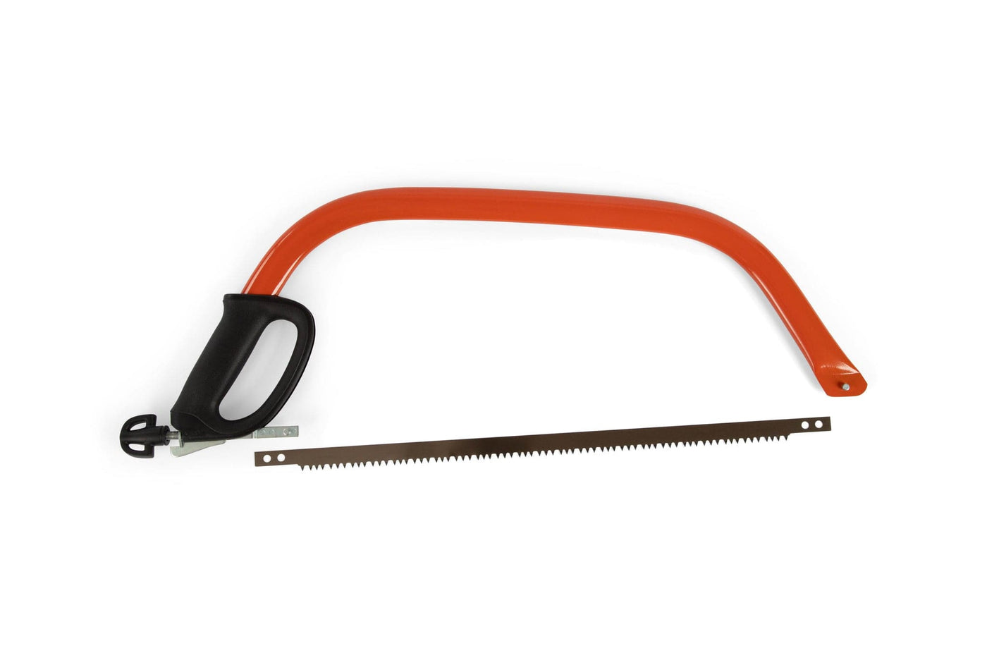 The JHW Bahco Bow Saw with an orange metal frame and ergonomic handle is displayed next to detached replacement blades on a white background.