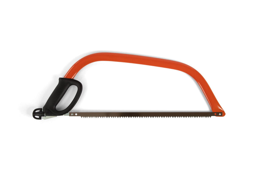 The JHW Bahco Bow Saw features an orange metal frame, a straight serrated blade, and an ergonomic handle. Shown isolated on a white background. Replacement blades are available for convenience.