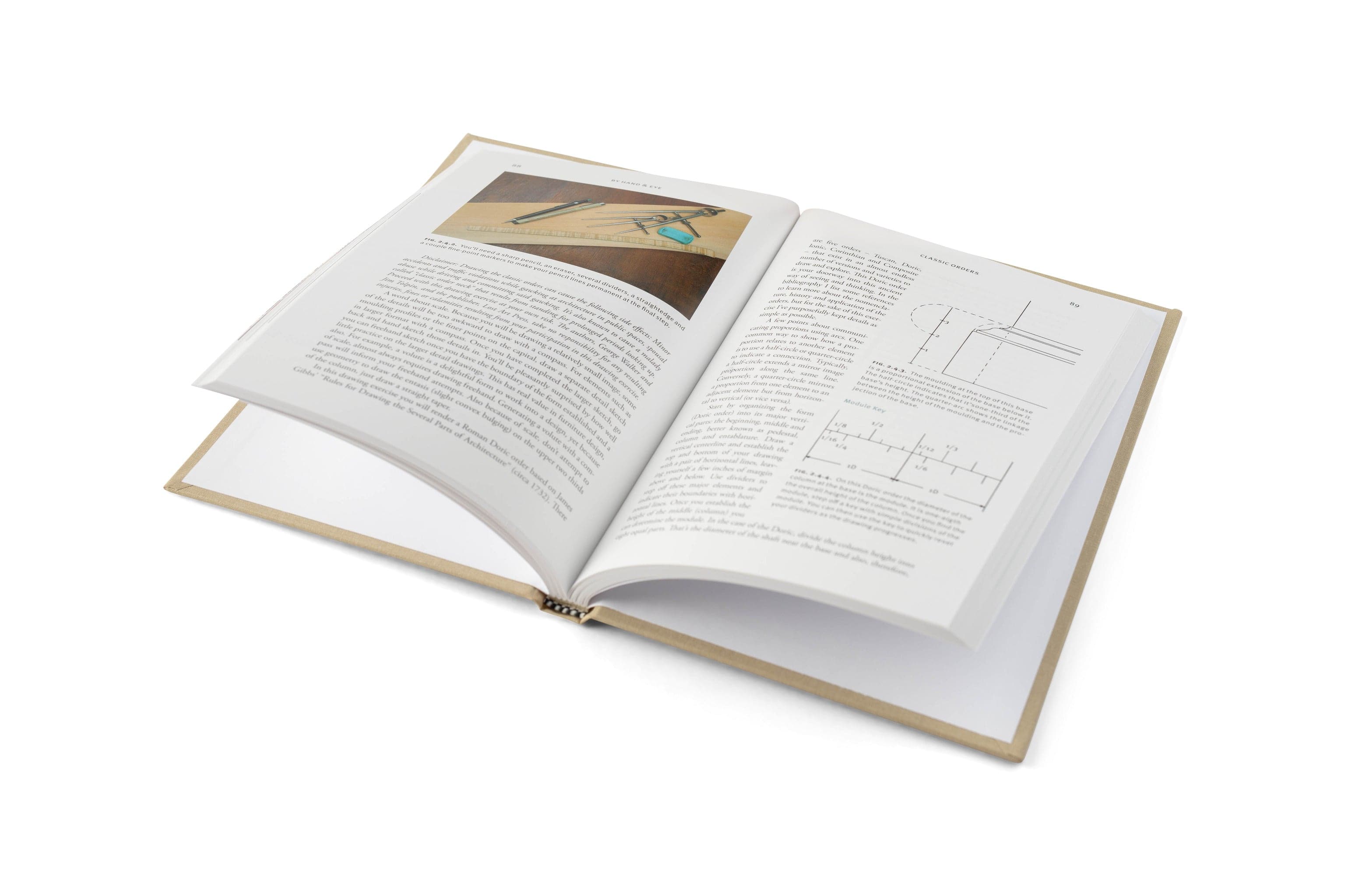 By Hand & Eye by LAP, an open hardcover book on a white surface, displays pages with text, diagrams, and a color photo of a drafting tool, exploring woodworking design and proportion through technical concepts.