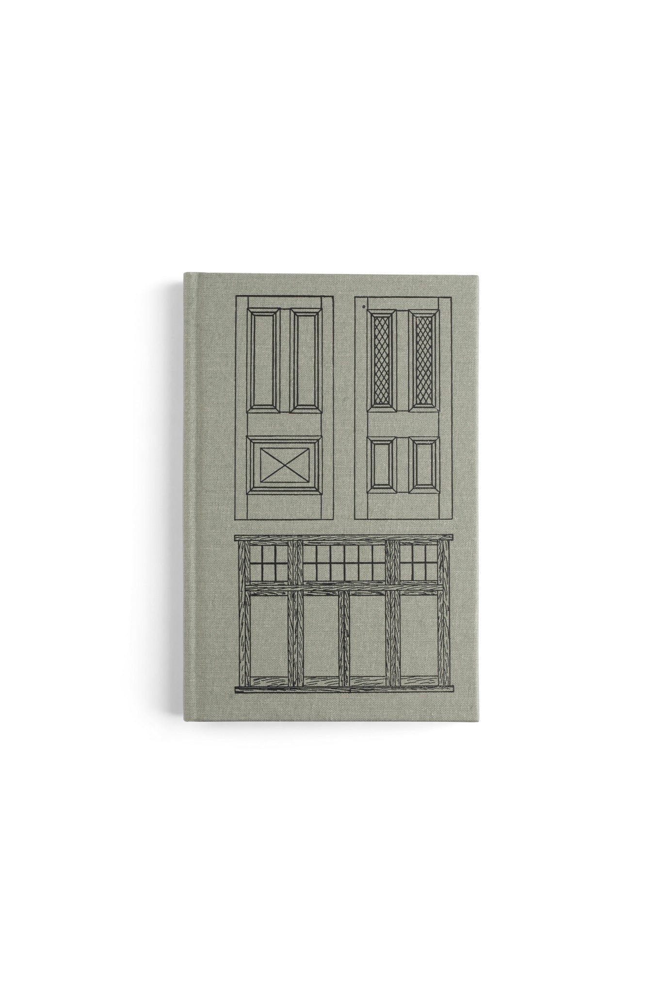 The closed hardcover book Doormaking and Window-Making by LAP features a gray-green cover with black line drawings of windows and doors in two rows, elegantly reflecting classic joinery craftsmanship.