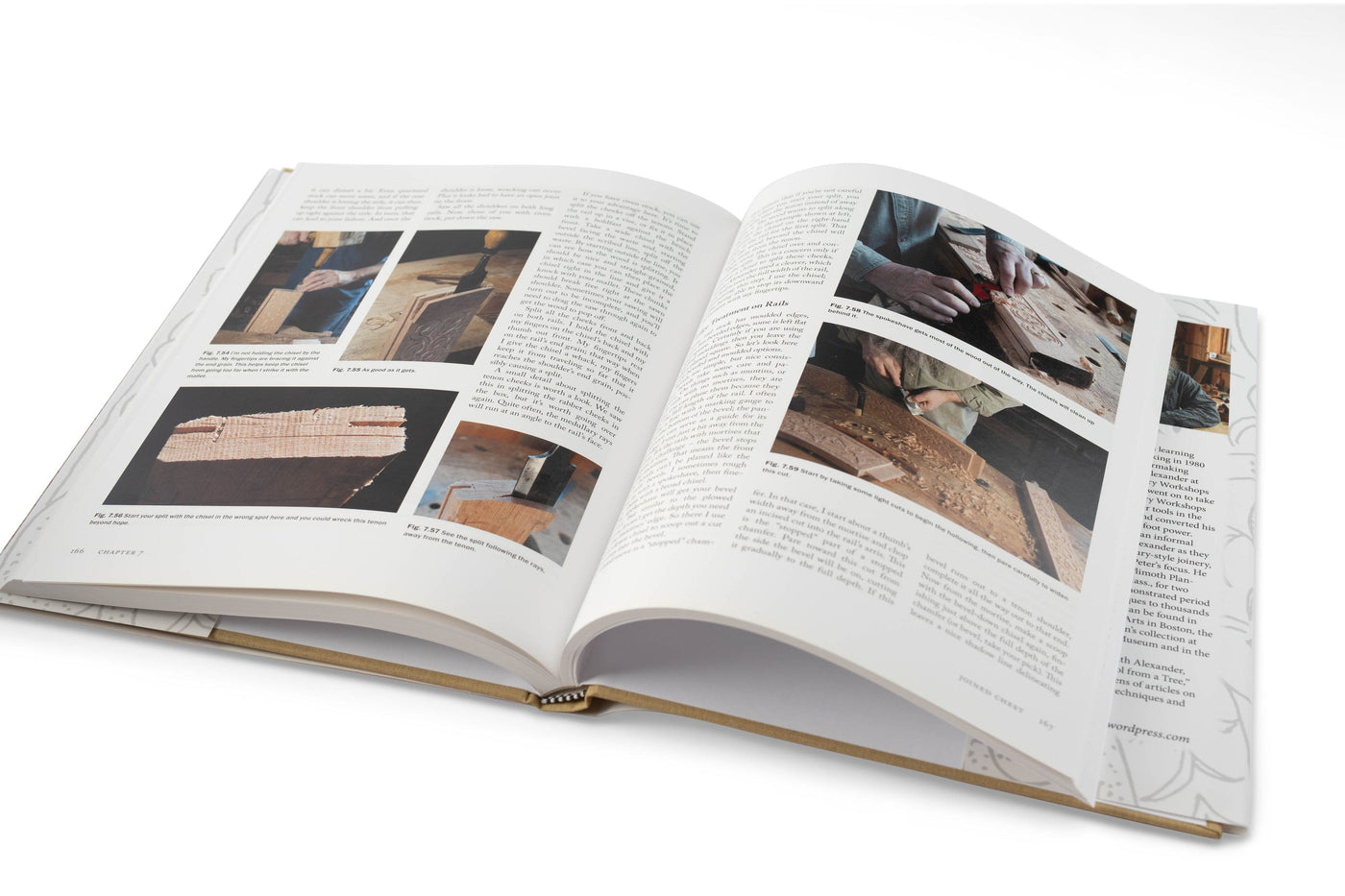 An open copy of Joiners Work by LAP displays pages with text and color photos of 17th-century woodworking, showing close-ups of hands, historic joinery methods, and tools against a white background.