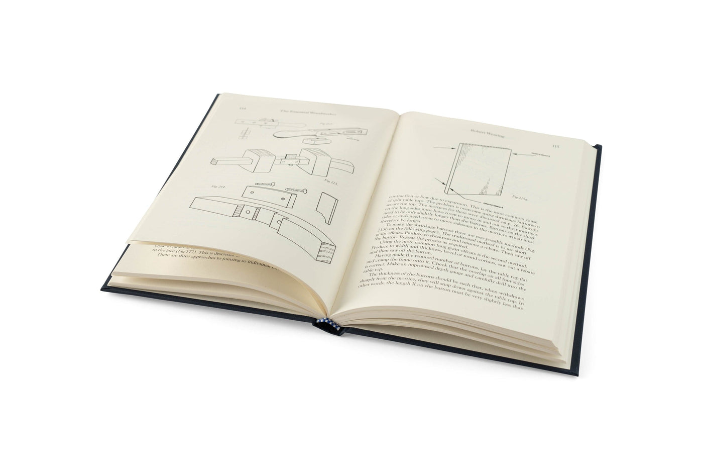 An open copy of The Essential Woodworker by LAP displays technical diagrams and descriptive text on cream-colored pages, focusing on hand-tool woodworking and traditional techniques, photographed against a white background.