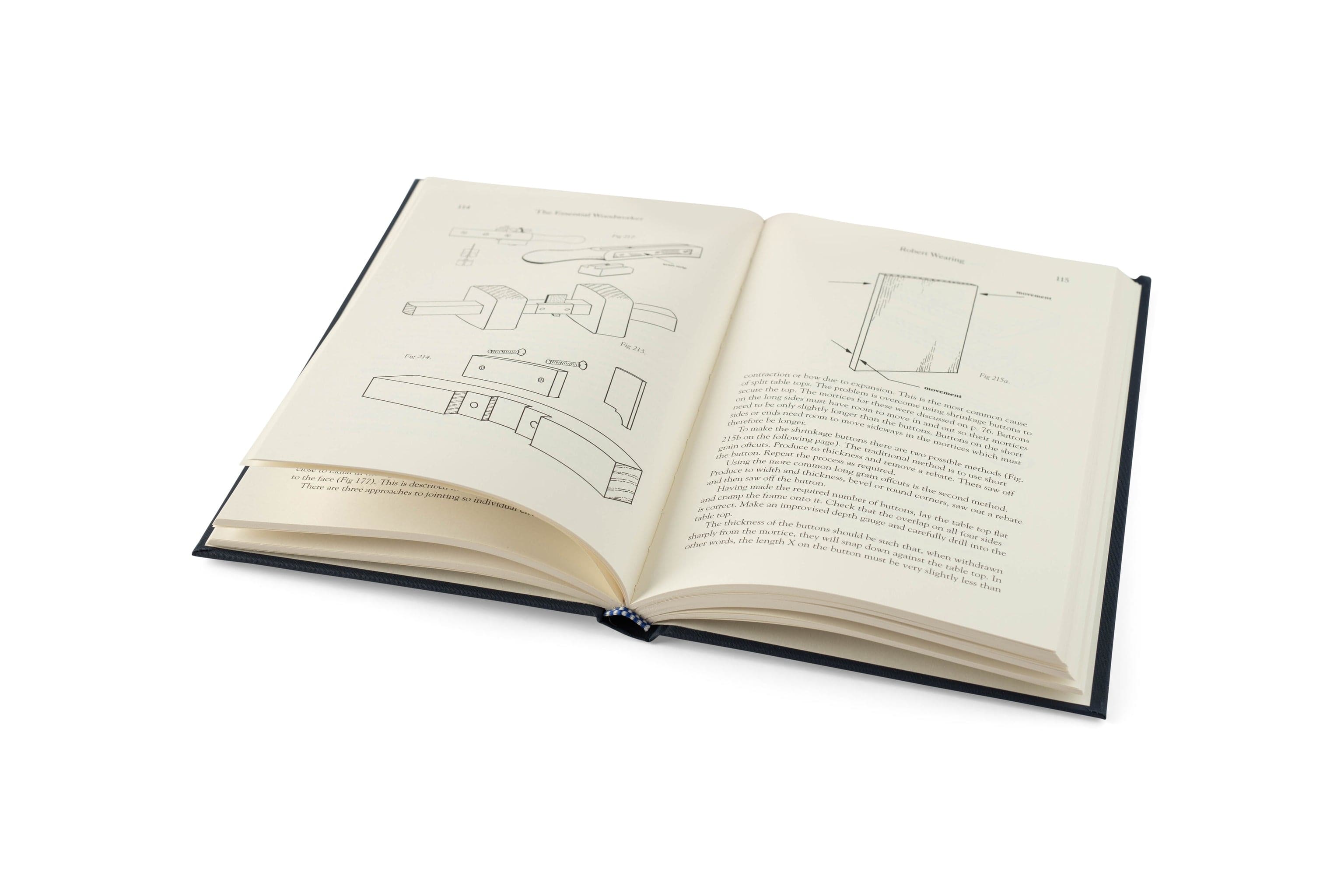 An open copy of The Essential Woodworker by LAP displays technical diagrams and descriptive text on cream-colored pages, focusing on hand-tool woodworking and traditional techniques, photographed against a white background.
