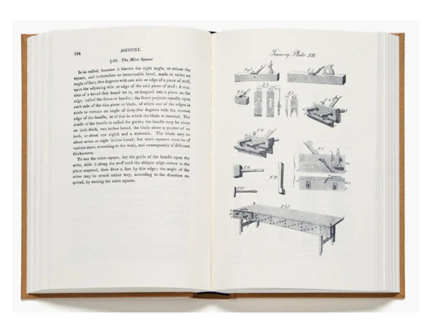 An open Mechanic's Companion book by lap shows text about a Mitre Square on the left page, while the right features black-and-white illustrations of traditional carpentry and joinery techniques labeled Joinery Plate III.