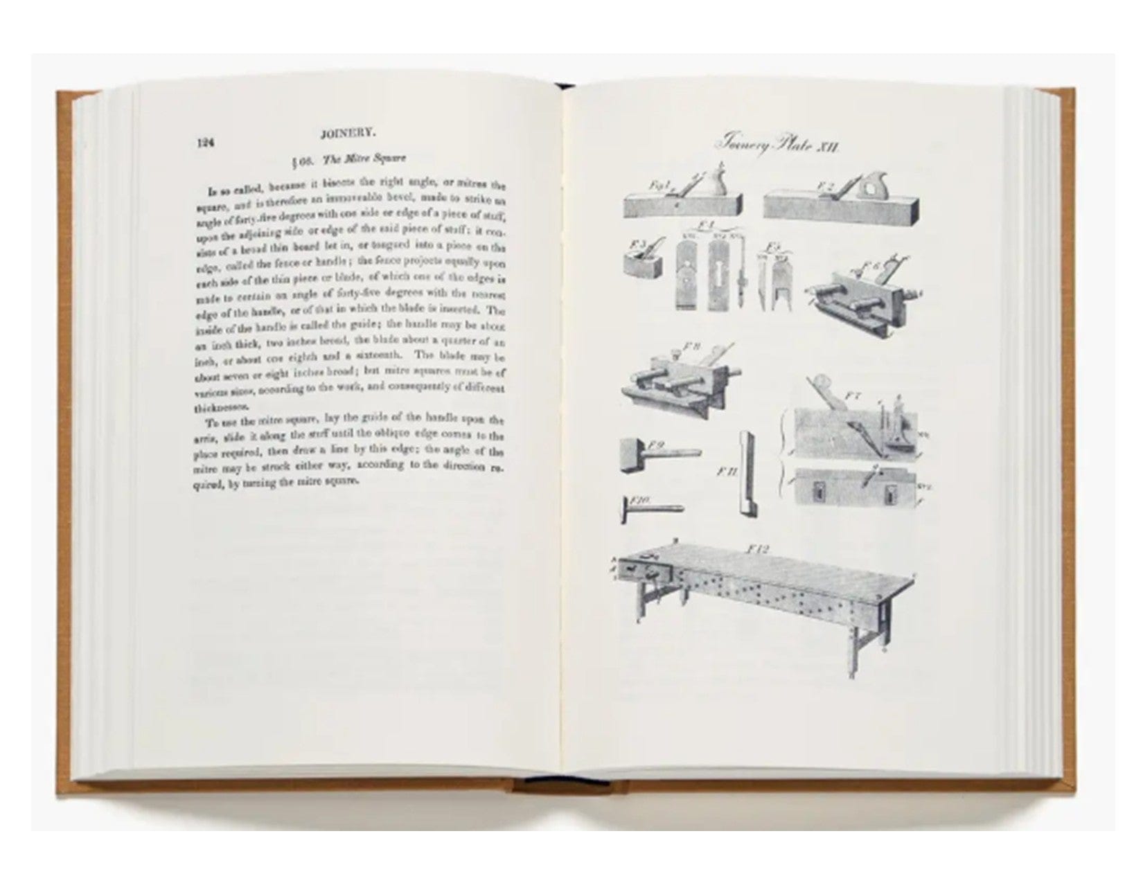 An open Mechanic's Companion book by lap shows text about a Mitre Square on the left page, while the right features black-and-white illustrations of traditional carpentry and joinery techniques labeled Joinery Plate III.