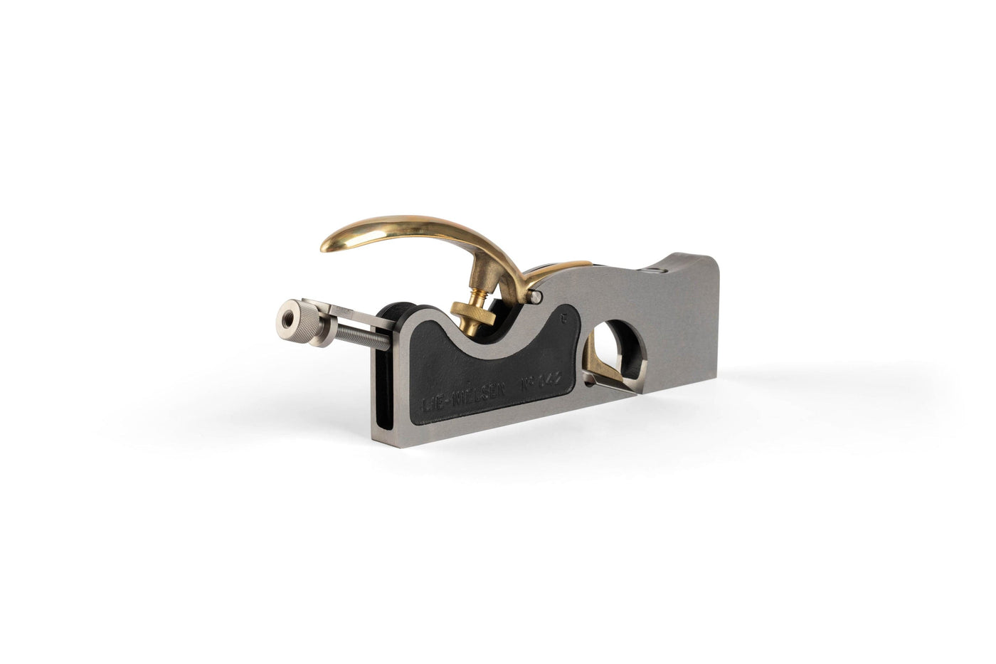 The Lie-Nielsen Shoulder Plane, a precision woodworking tool with a metal and brass finish, features a curved handle and adjustable blade, displayed against a white background.