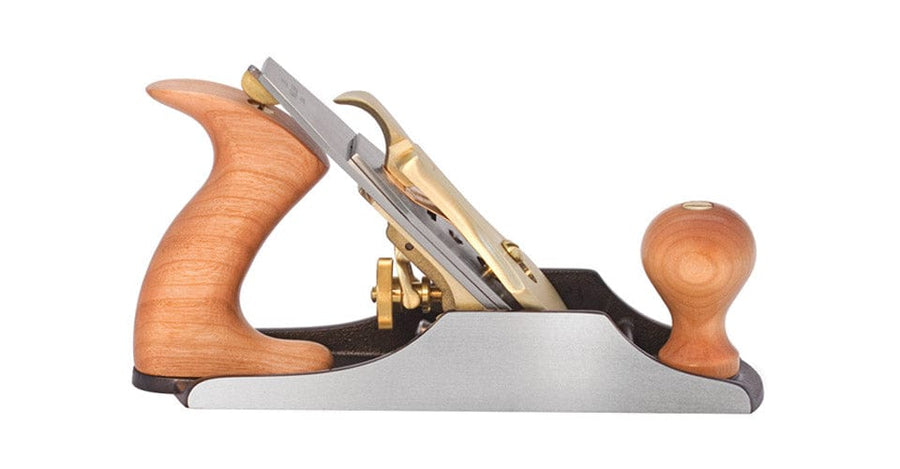 The Lie-Nielsen No. 4 Iron Smooth Plane by Lie-Nielsen, featuring a wooden front knob and rear handle, is designed for woodworking surface finishing and is displayed on a white background.