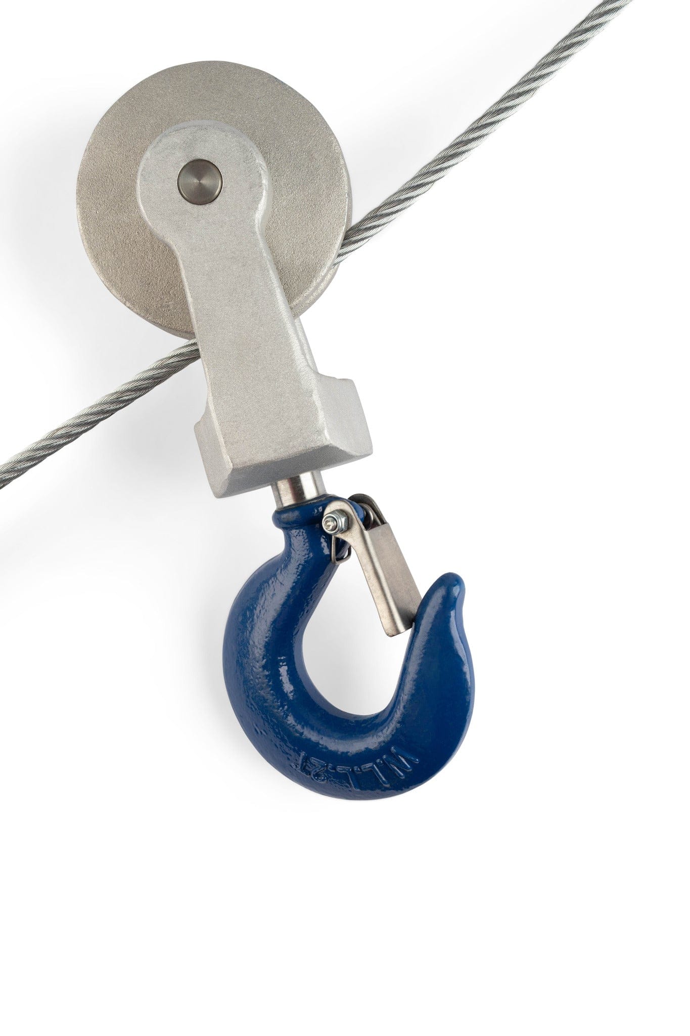 A close-up of the LUG Lug-All 2 Ton Cable Hoist Come Along, featuring a heavy-duty metal pulley with a blue hook and steel cable, set against a white background.