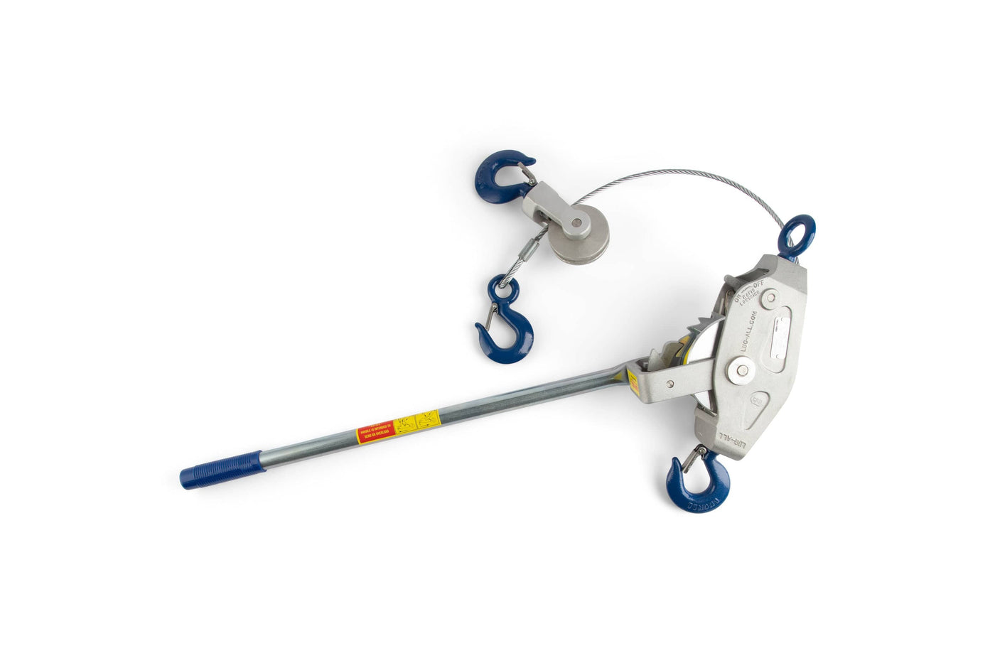 The Lug-All 2 Ton Cable Hoist Come Along by LUG, featuring a long handle, steel cable, and three blue hooks, is shown on a white background—ideal for lifting or pulling heavy loads.