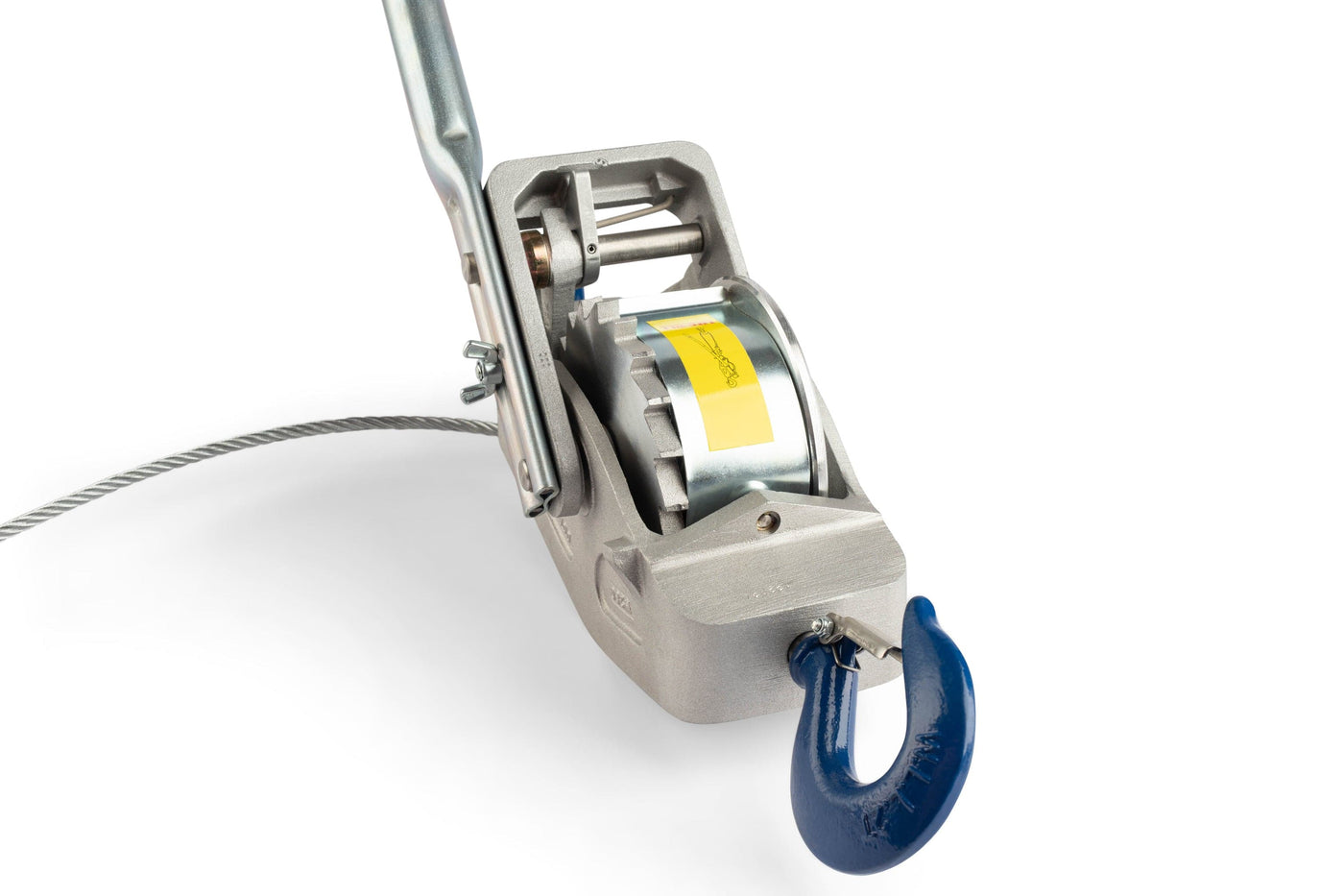 A close-up of the Lug-All 2 Ton Cable Hoist Come Along by LUG, featuring a metal handle, steel cable, and blue-painted hook, set against a white background.