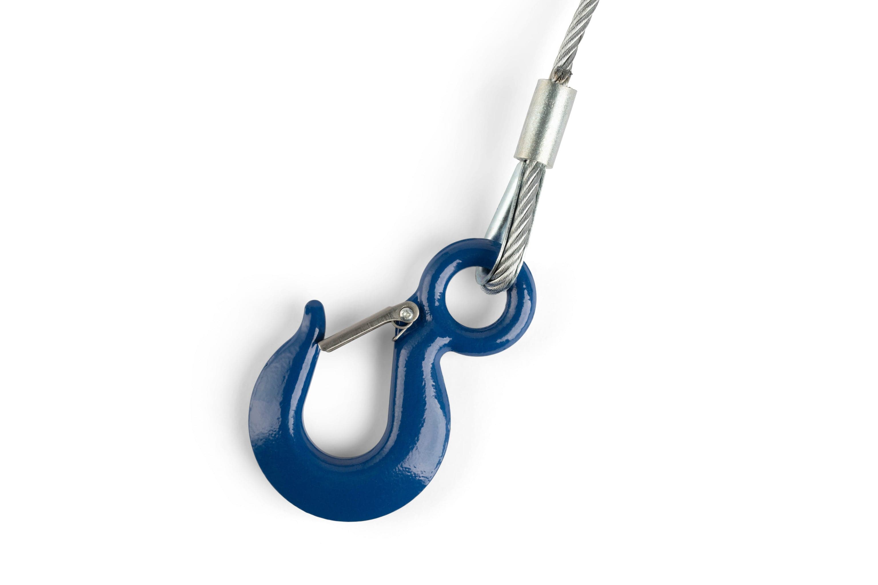 A close-up of a blue metal hook attached to a thick steel cable, part of the LUG Lug-All 2 Ton Cable Hoist Come Along heavy-duty lifting setup, isolated on a white background.