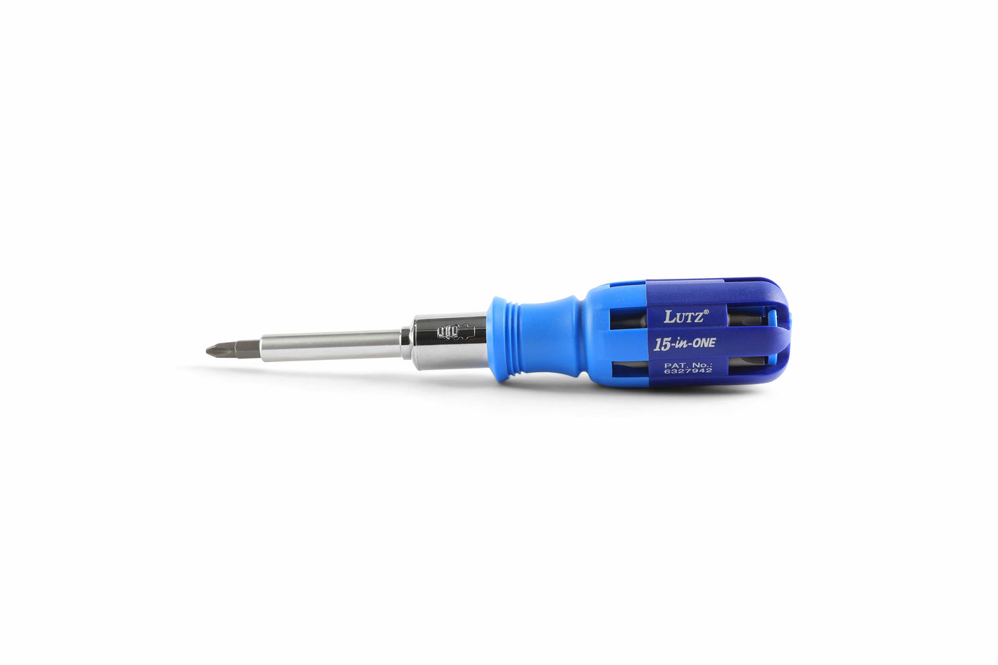 The LUT Shelter Tools Lutz 15-in-1 blue multi-bit screwdriver features a metal shaft and interchangeable tips against a white background, with ratcheting action for easy use.