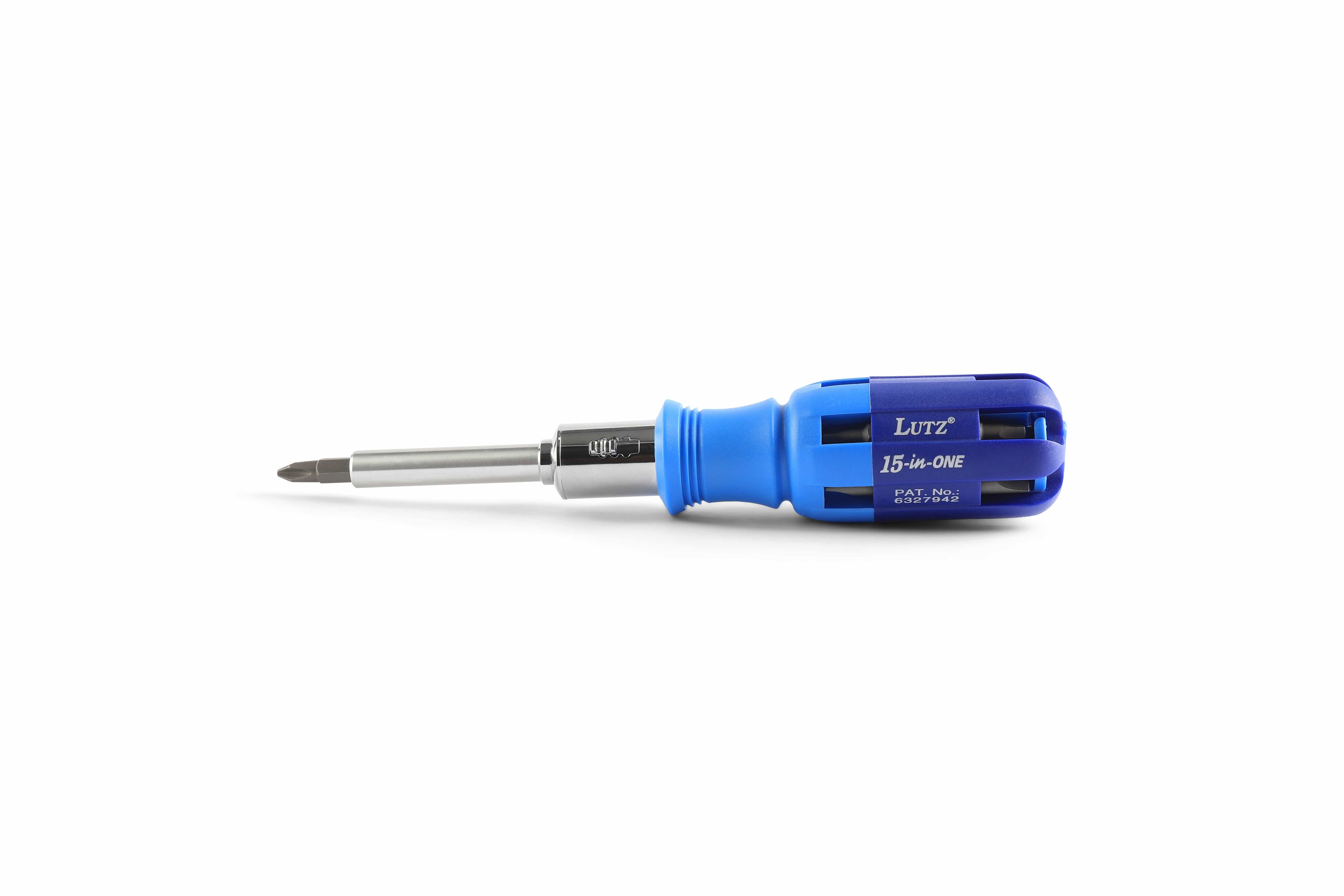 The LUT Shelter Tools Lutz 15-in-1 blue multi-bit screwdriver features a metal shaft and interchangeable tips against a white background, with ratcheting action for easy use.