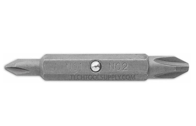 A double-ended LUT Shelter Tools Lutz Screwdriver bit, engraved with "N01" and "N02," is displayed against a plain background. The bit, part of the versatile 15-in-1 wonder tool, features a Phillips head on each end for various tasks.