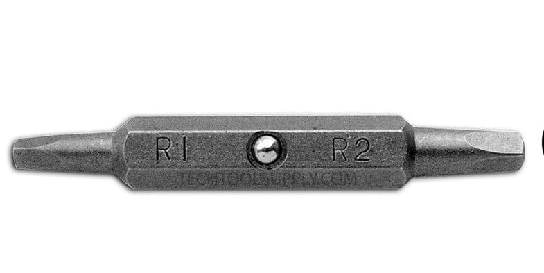 The LUT Shelter Tools Lutz Screwdriver, a 15-in-1 wonder tool, features a dual-ended bit with "R1" and "R2" labeled on each side and a central hole for versatile use.