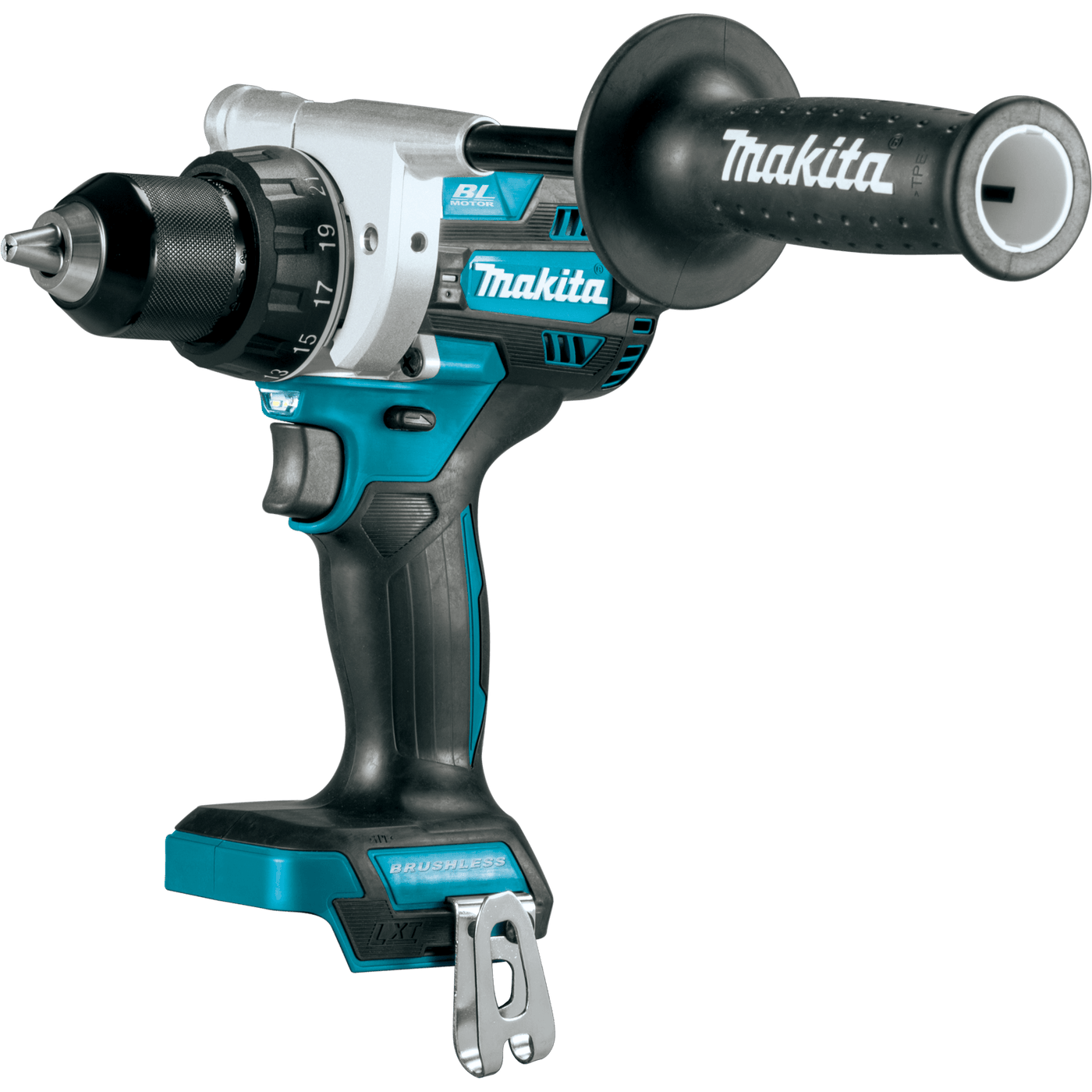 The Makita 18V LXT® Lithium‑Ion Brushless Cordless 1/2 Driver‑Drill, boasts a black and teal handle, side grip, metal belt clip, and brushless motor for efficient operation.