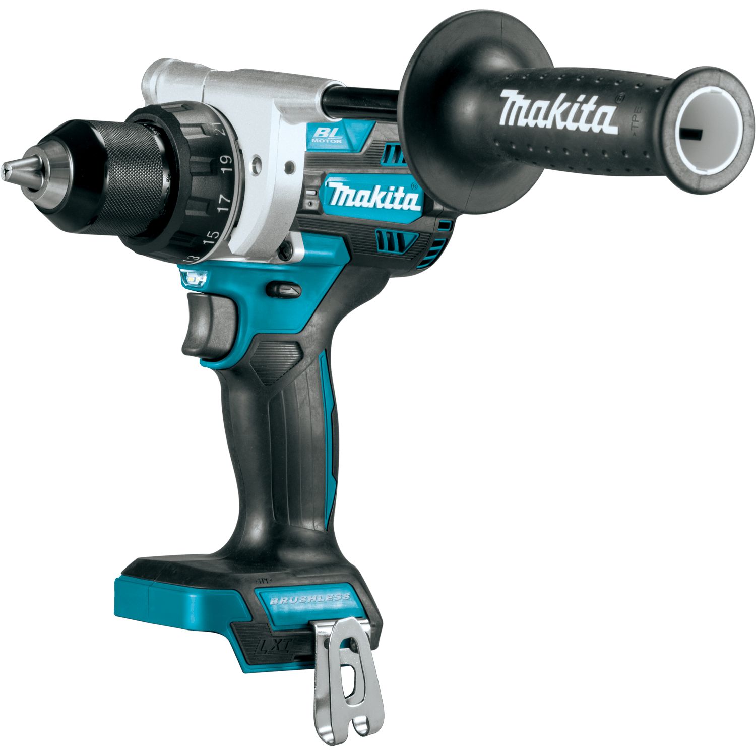 The Makita 18V LXT® Lithium‑Ion Brushless Cordless 1/2 Driver‑Drill, boasts a black and teal handle, side grip, metal belt clip, and brushless motor for efficient operation.