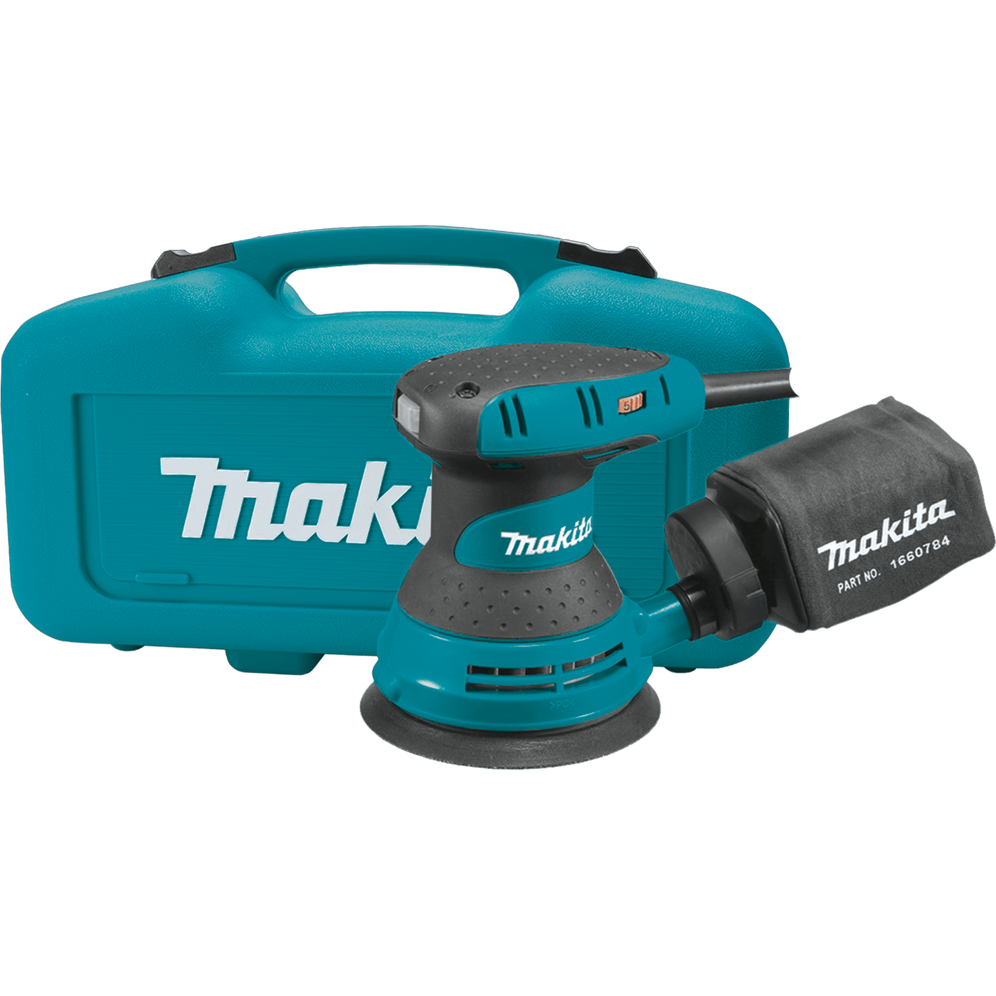 A blue Makita 5 Random Orbit Sander, featuring variable speed, sits in front of a matching Makita tool case with a dust bag.