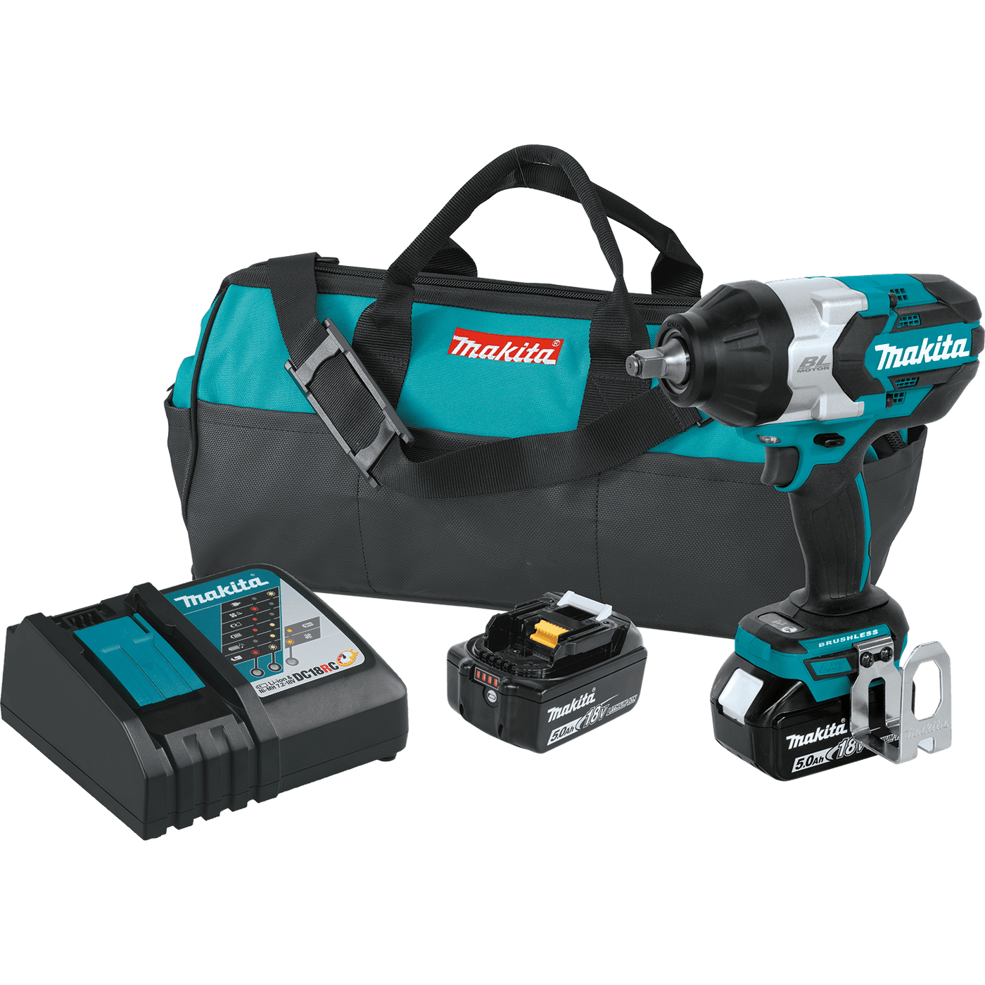 The Makita Cordless Impact Wrench Kit features a tool bag, charger, and battery, presented against a white background.