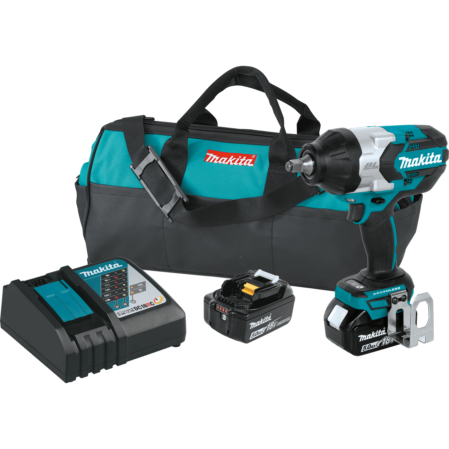 The Makita Cordless Impact Wrench Kit features a tool bag, charger, and battery, presented against a white background.