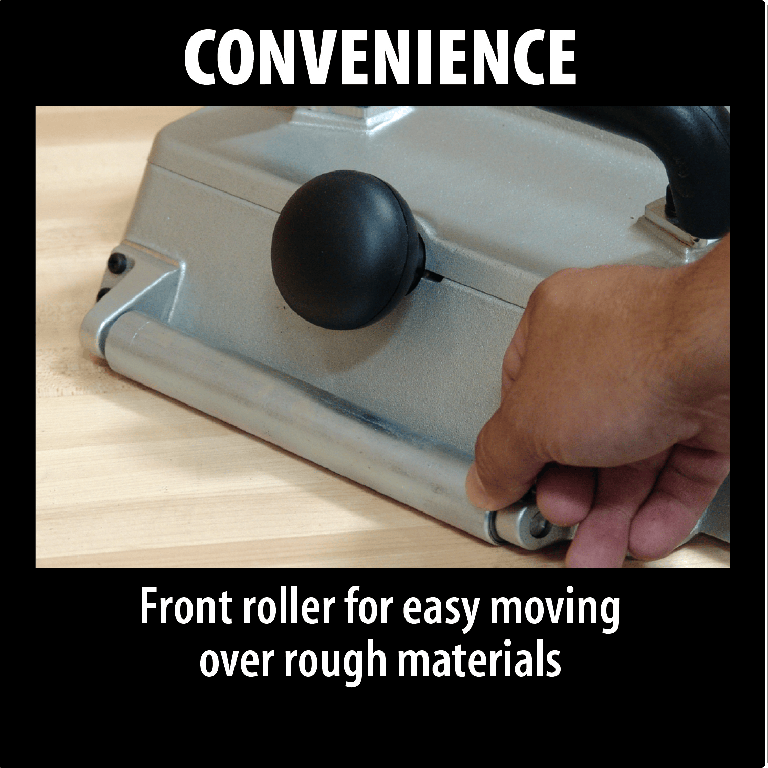 A hand holds the Makita 12-1/4-in Planer with a black knob and front roller gliding over wood. Text: CONVENIENCE. Front roller enables easy movement over rough surfaces, powered by a robust 15 AMP motor for smooth results.