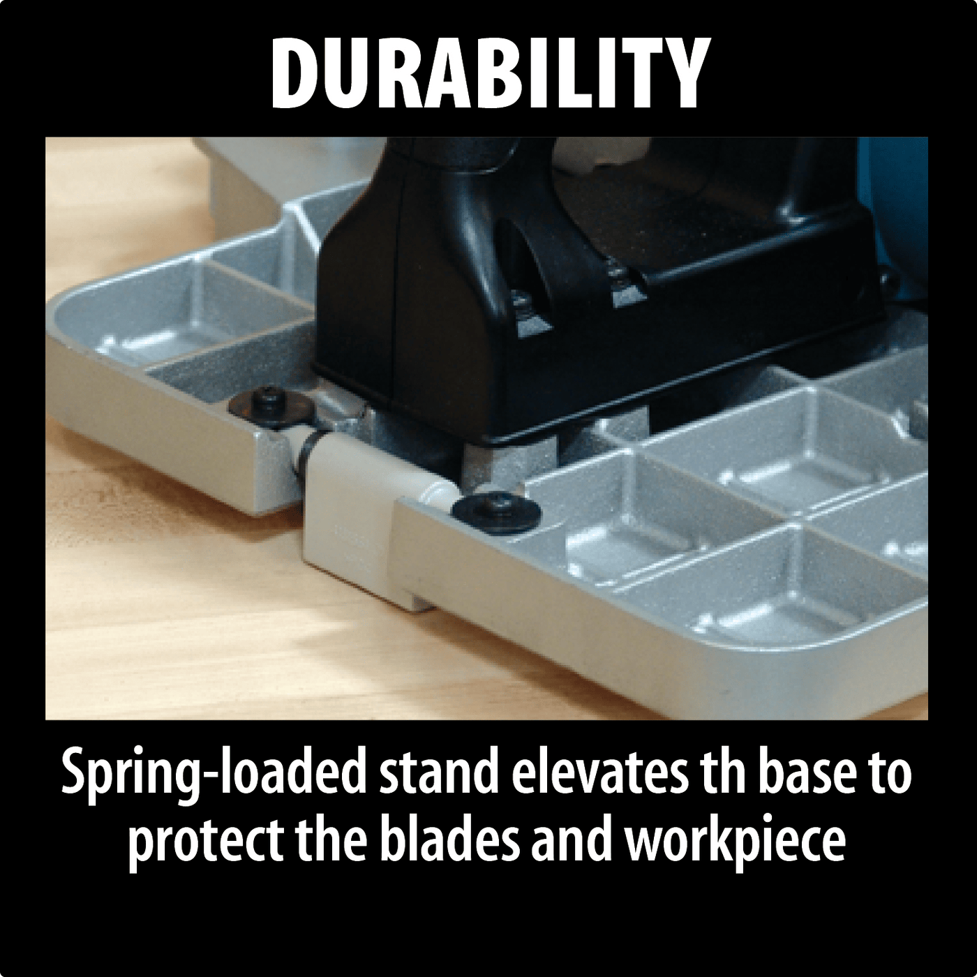 Close-up of a gray Makita 12-1/4-in Planer stand on wood, its base elevated to protect blades and your workpiece. “DURABILITY” is shown above, highlighting support for the Makita 12-1/4-in Planer and powerful 15 AMP motor tools.