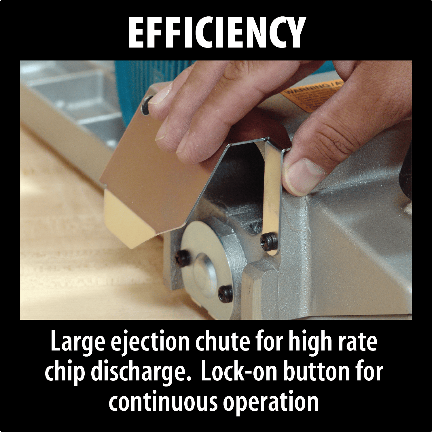 A close-up shows a hand pressing the metallic lock-on button on the Makita 12-1/4-in Planer with its large ejection chute. “EFFICIENCY” highlights the 15 AMP motor for high-rate chip discharge and continuous operation.