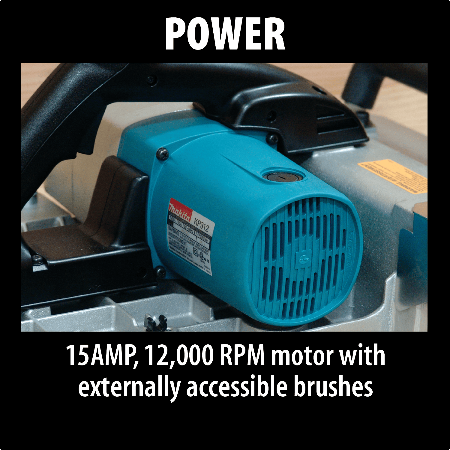 A close-up of the blue 15 AMP, 12,000 RPM motor with externally accessible brushes on the Makita 12-1/4-in Planer. The text POWER appears at the top. Brand: Makita.