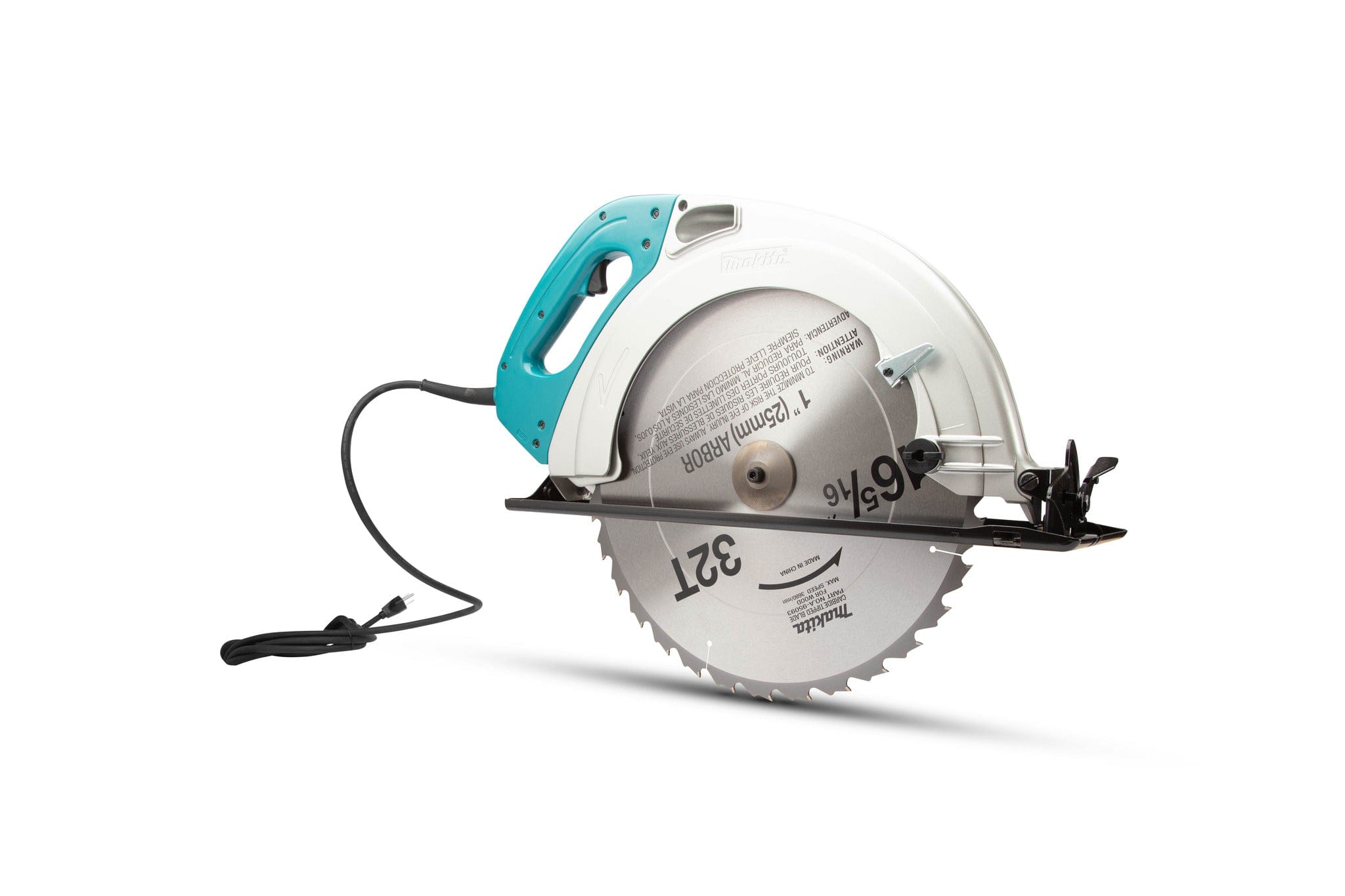 The Makita Circular Saw, featuring a teal and white handle, silver blade, and black power cord, is displayed on a white background—ideal for timber framing with its large cutting capacity.