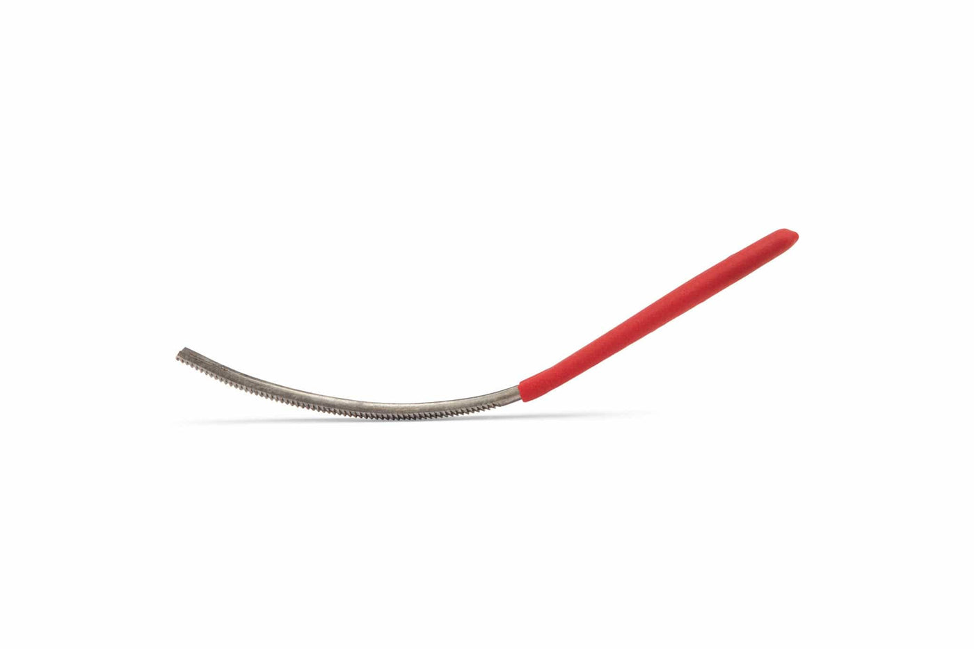 The MARU Iwasaki Half Round Extremely Fine Curved File with a red rubber grip is crafted with Japanese precision for grooming or cleaning tasks, shown isolated on a white background.