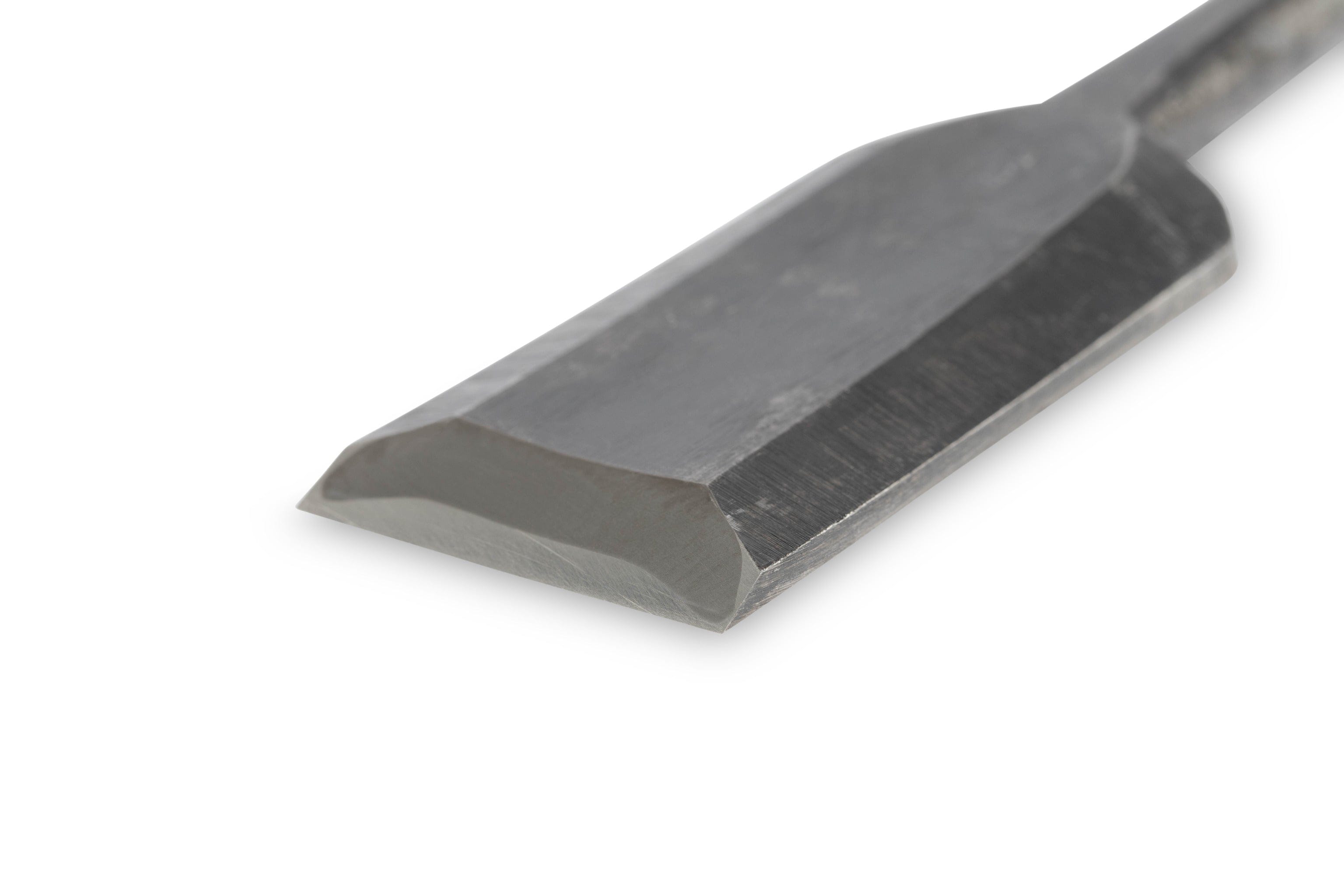 Close-up of the MARU Japanese Timber Framing Chisel featuring a sharp, rectangular blade and beveled edge, crafted from traditional white steel.