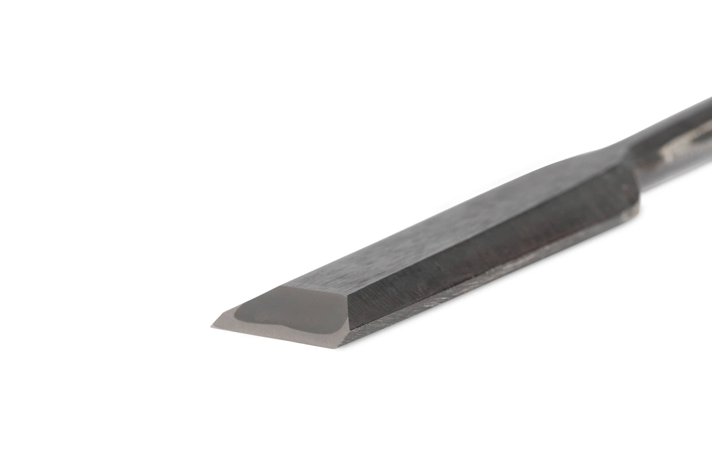 Close-up of a MARU Japanese Timber Framing Chisel with a sharp, angled White Steel blade on a white background.