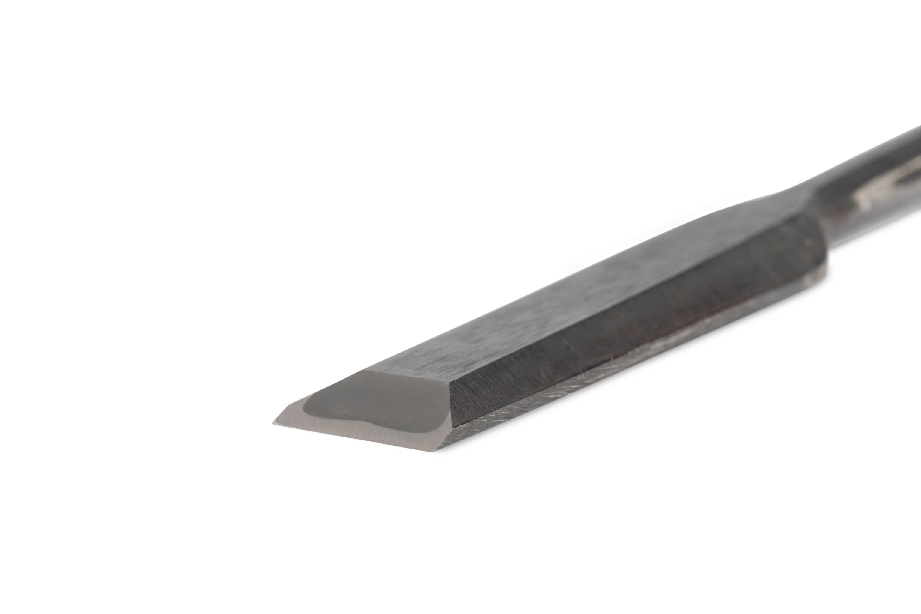 Close-up of a MARU Japanese Timber Framing Chisel with a sharp, angled White Steel blade on a white background.