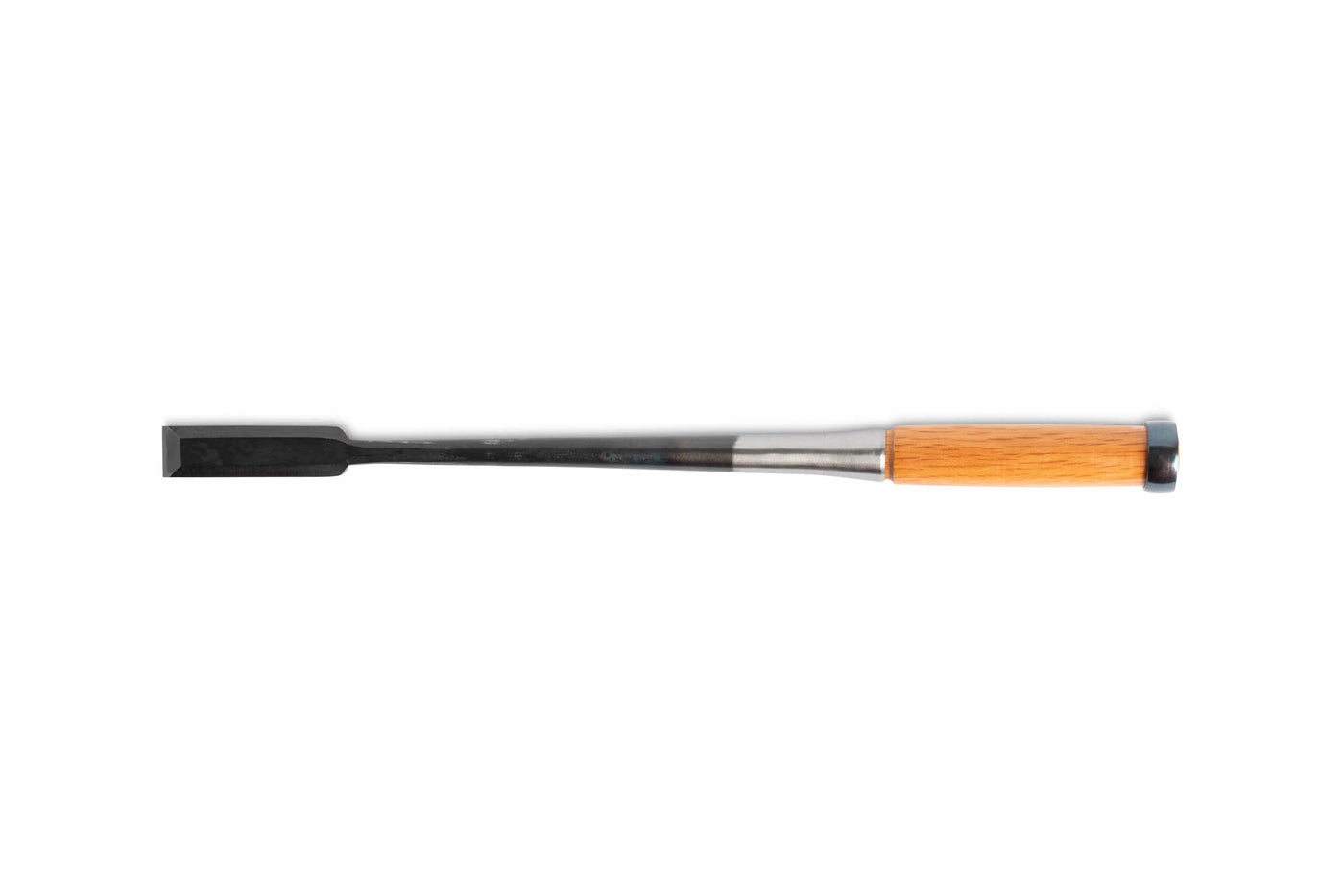 A MARU Japanese Timber Framing Chisel, featuring a black handle and wooden grip, is displayed horizontally on a white background—perfect for precise woodworking.