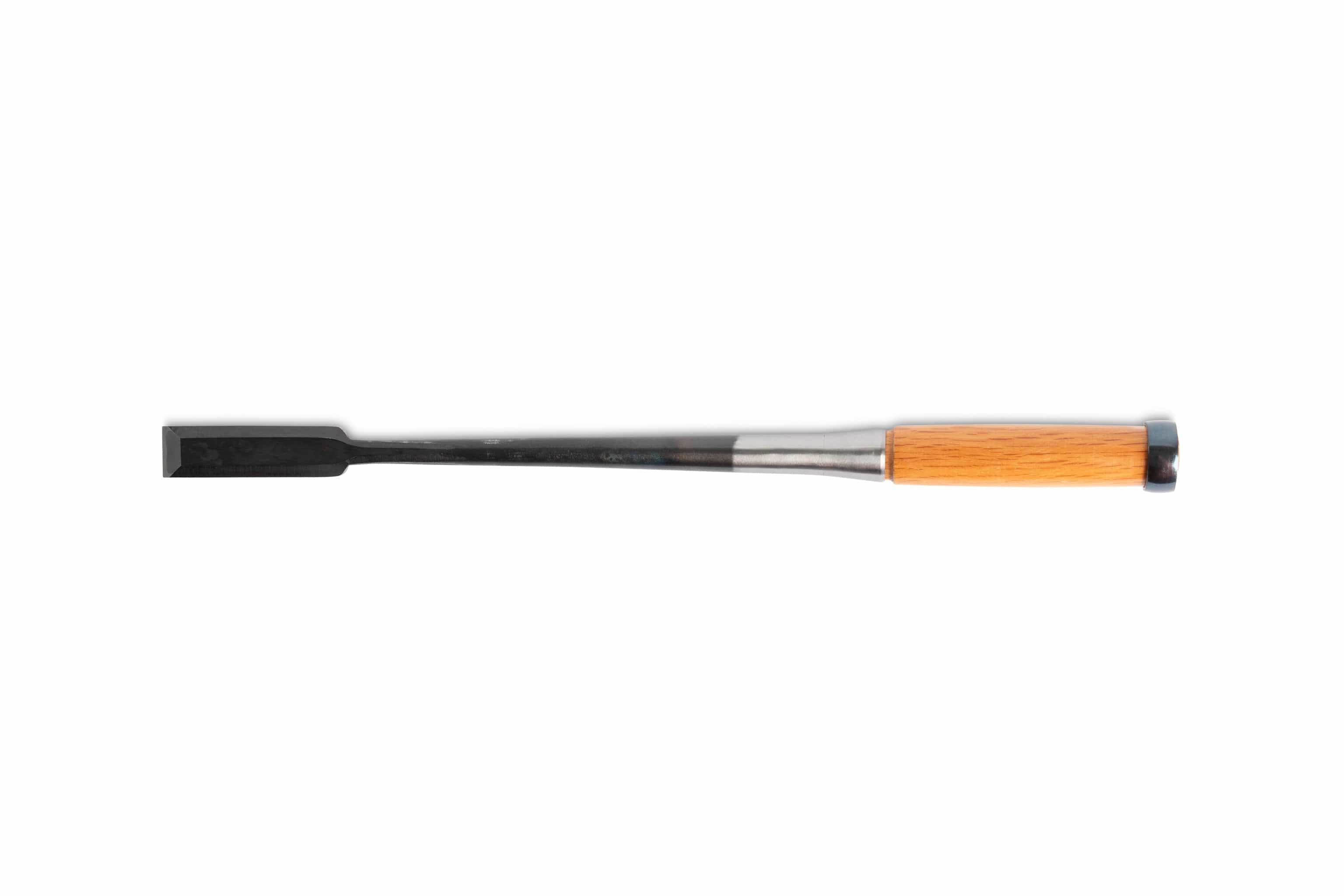 A MARU Japanese Timber Framing Chisel, featuring a black handle and wooden grip, is displayed horizontally on a white background—perfect for precise woodworking.