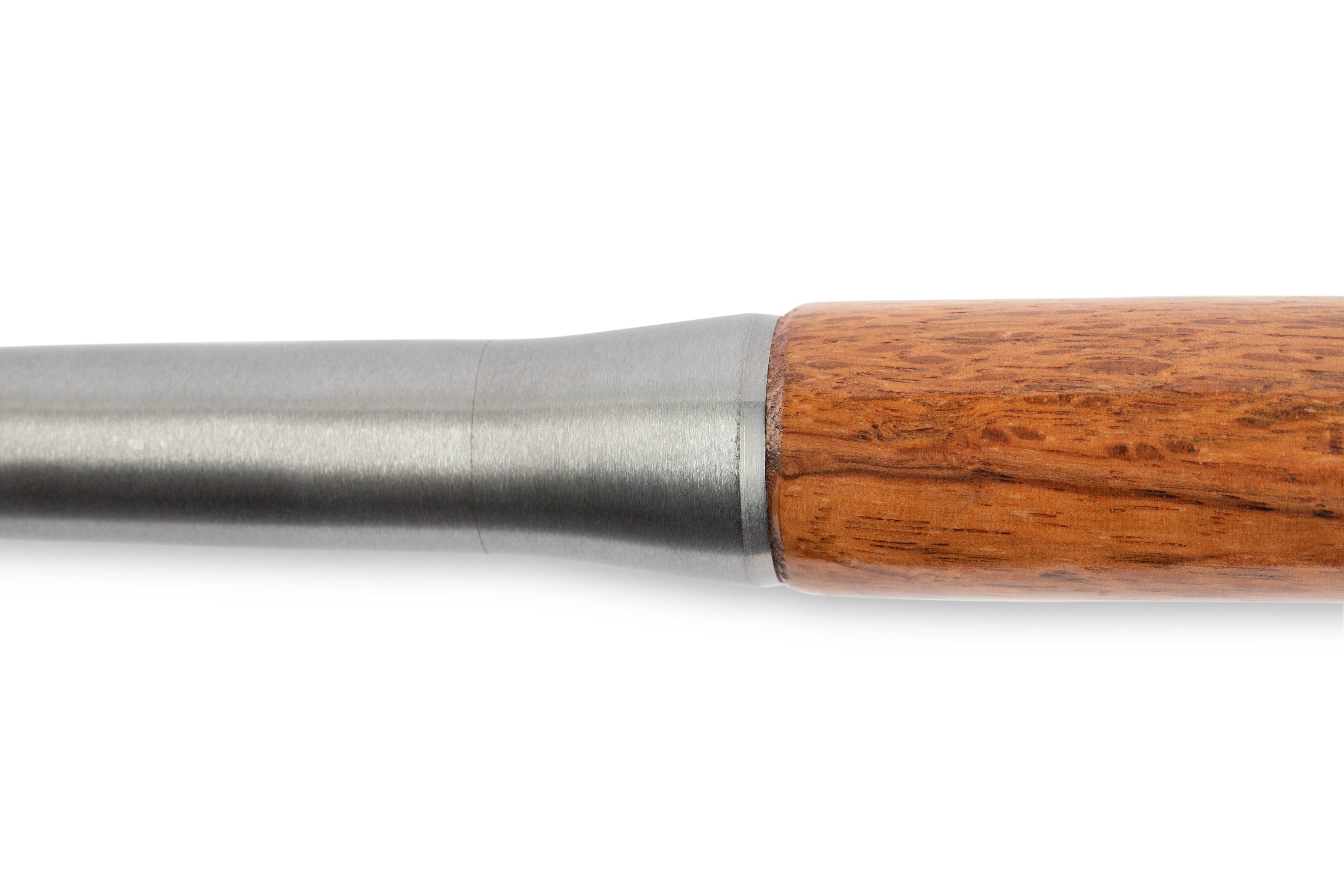Close-up of the MARU Japanese Timber Framing Chisel showing the seamless junction of a white steel metal rod and a wooden handle.