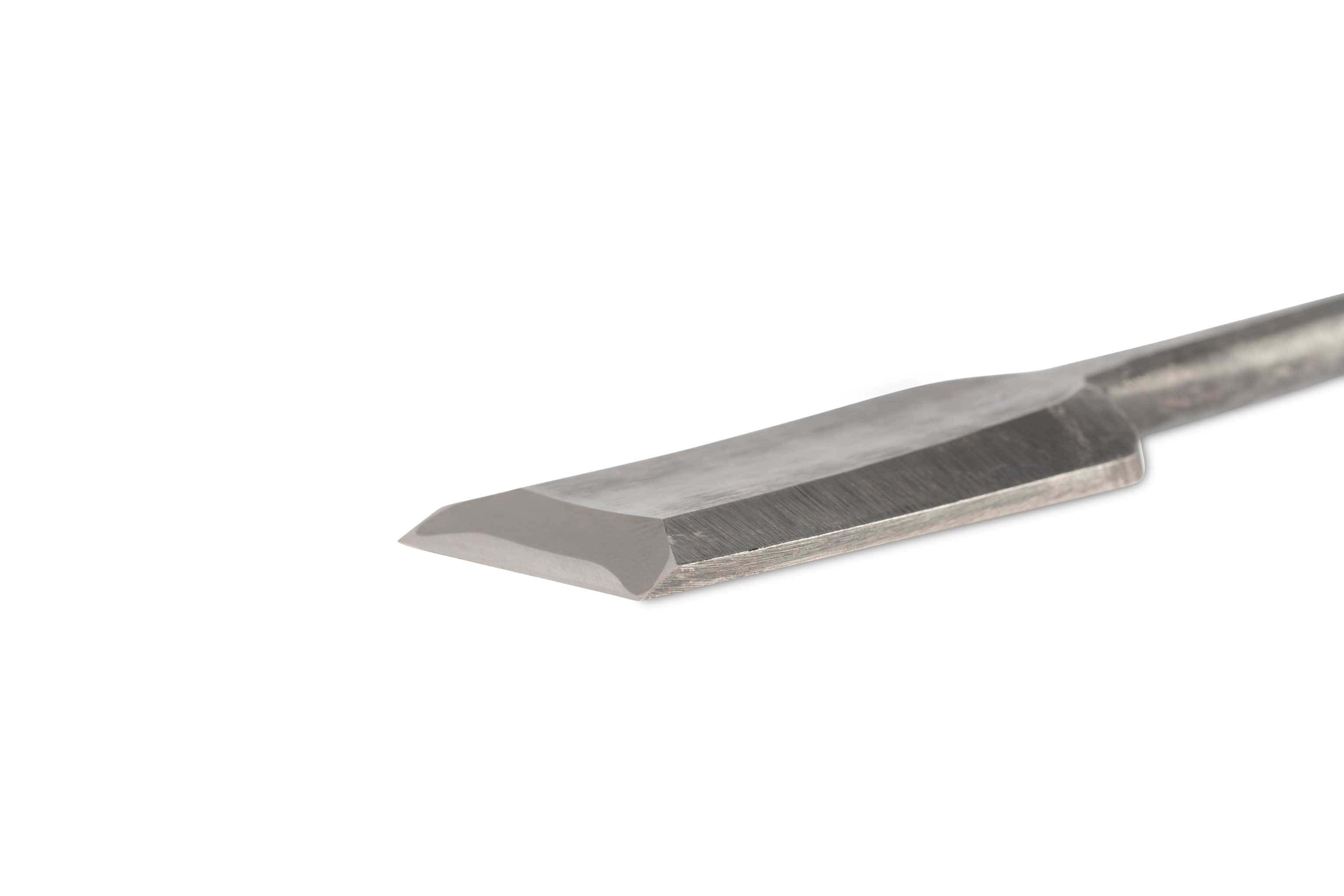 Close-up of a MARU Japanese Timber Framing Chisel with a sharp, flat edge angled slightly upward, crafted in traditional Japanese style. Its white steel construction gleams against a white background.