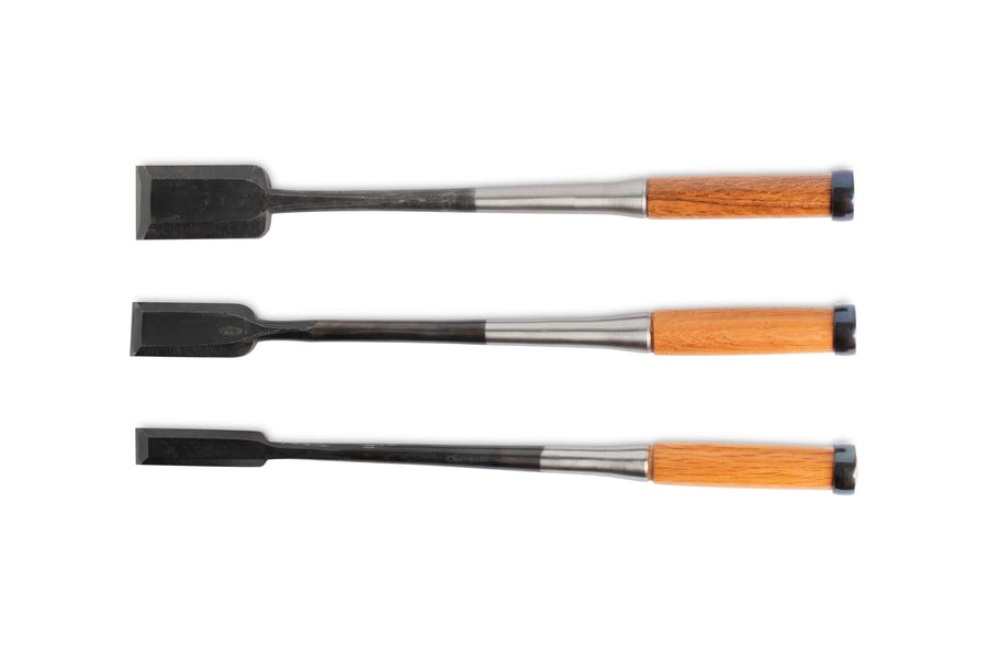 Three MARU Japanese Timber Framing Chisels with wooden handles and White Steel blades are aligned horizontally on a white background.