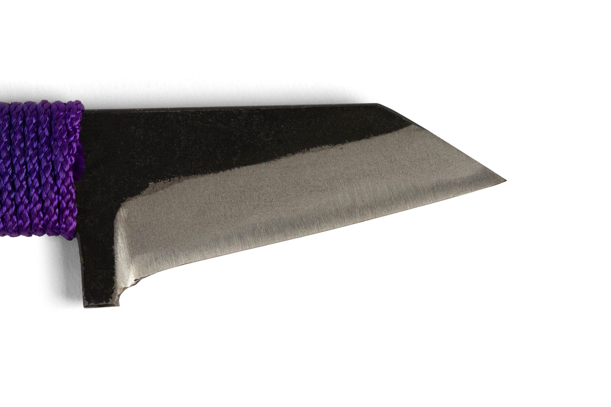 Close-up of the MARU Japanese Carving Knife Straight Blade, featuring a straight edge and angled tip. Wrapped in purple cord, it’s set against a white background—ideal for precision carving work.