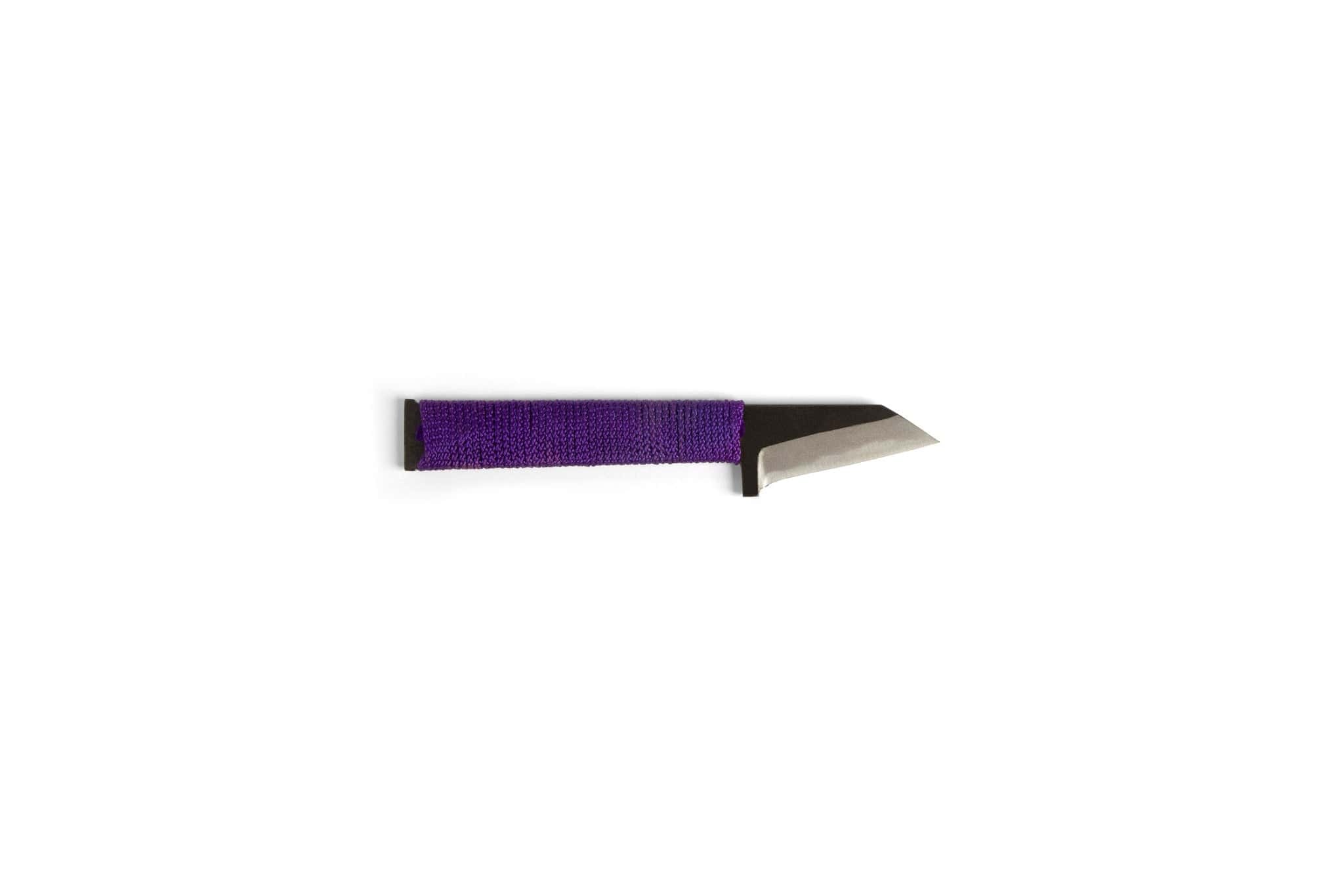 The MARU Japanese Carving Knife Straight Blade features a compact design with a short, angled blade and a handle wrapped in vibrant purple, displayed on a plain white background.