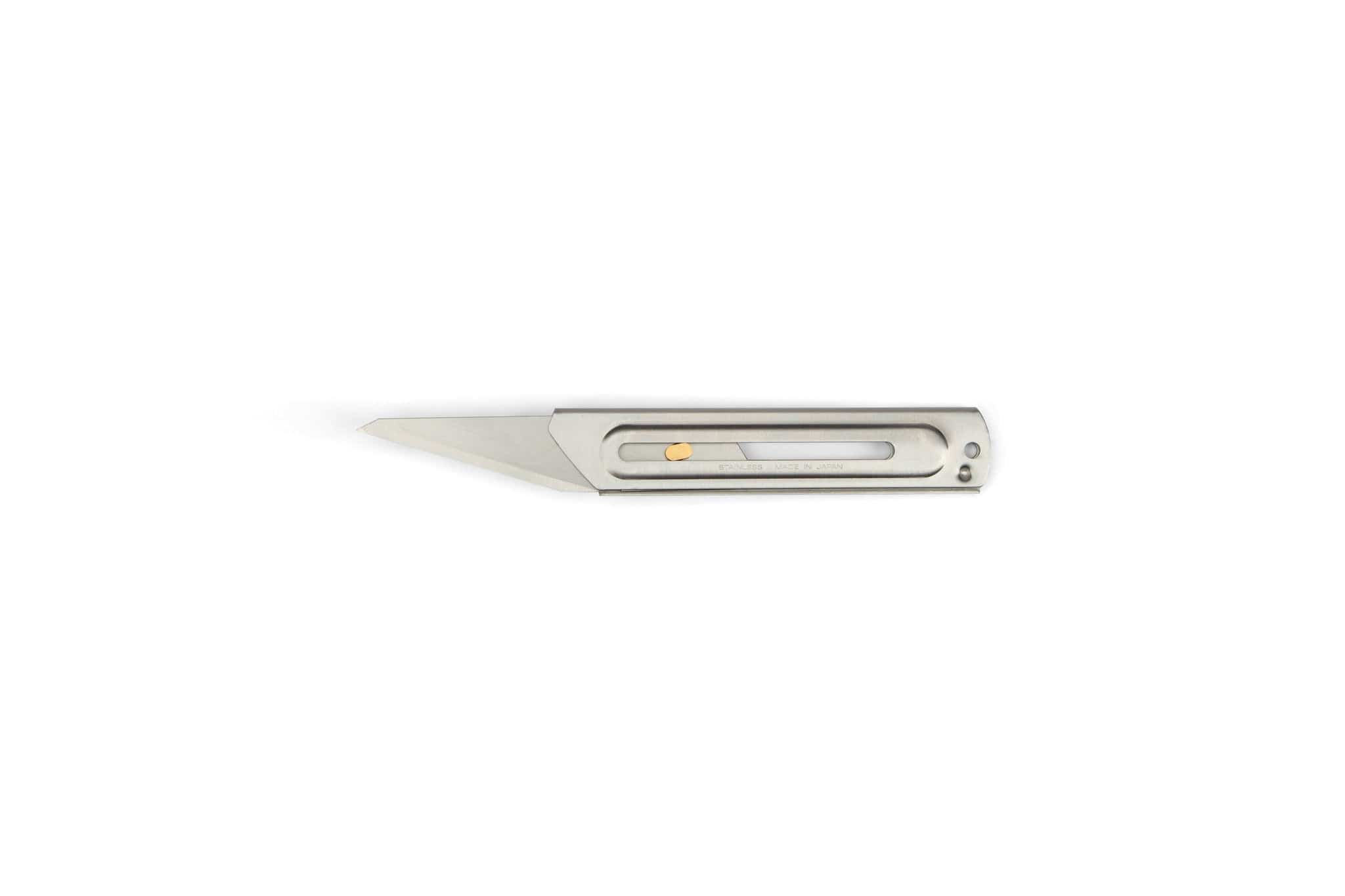 The MARU Olfa 34B Retractable Craft Knife features a silver body, straight sharp blade, and sliding mechanism for precise marking, shown on a plain white background.