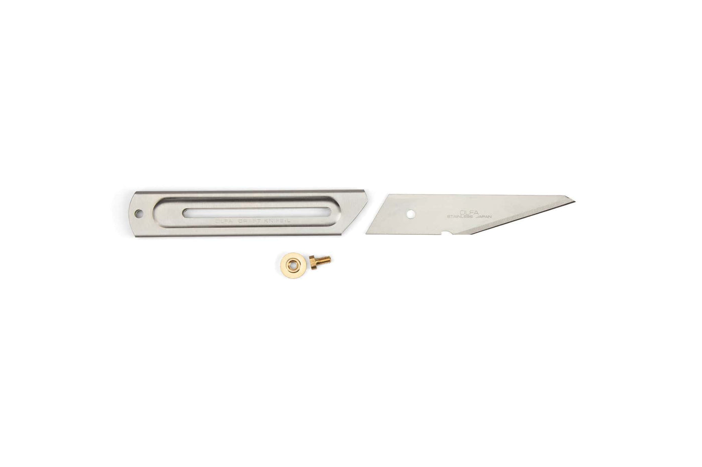 The MARU Olfa 34B Retractable Craft Knife features a silver metal handle, segmented blade, brass screw, and matching washer—perfect for precision marking and detailed work, shown disassembled on a white background.
