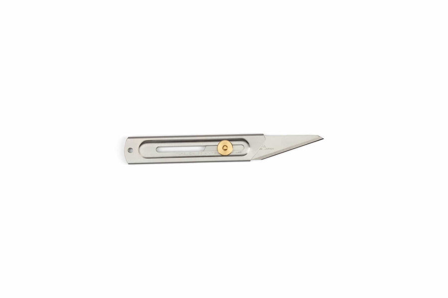 The MARU Olfa 34B Retractable Craft Knife features a silver, straight metal handle with a brass center screw and an exposed angled blade for precise marking, shown against a white background.