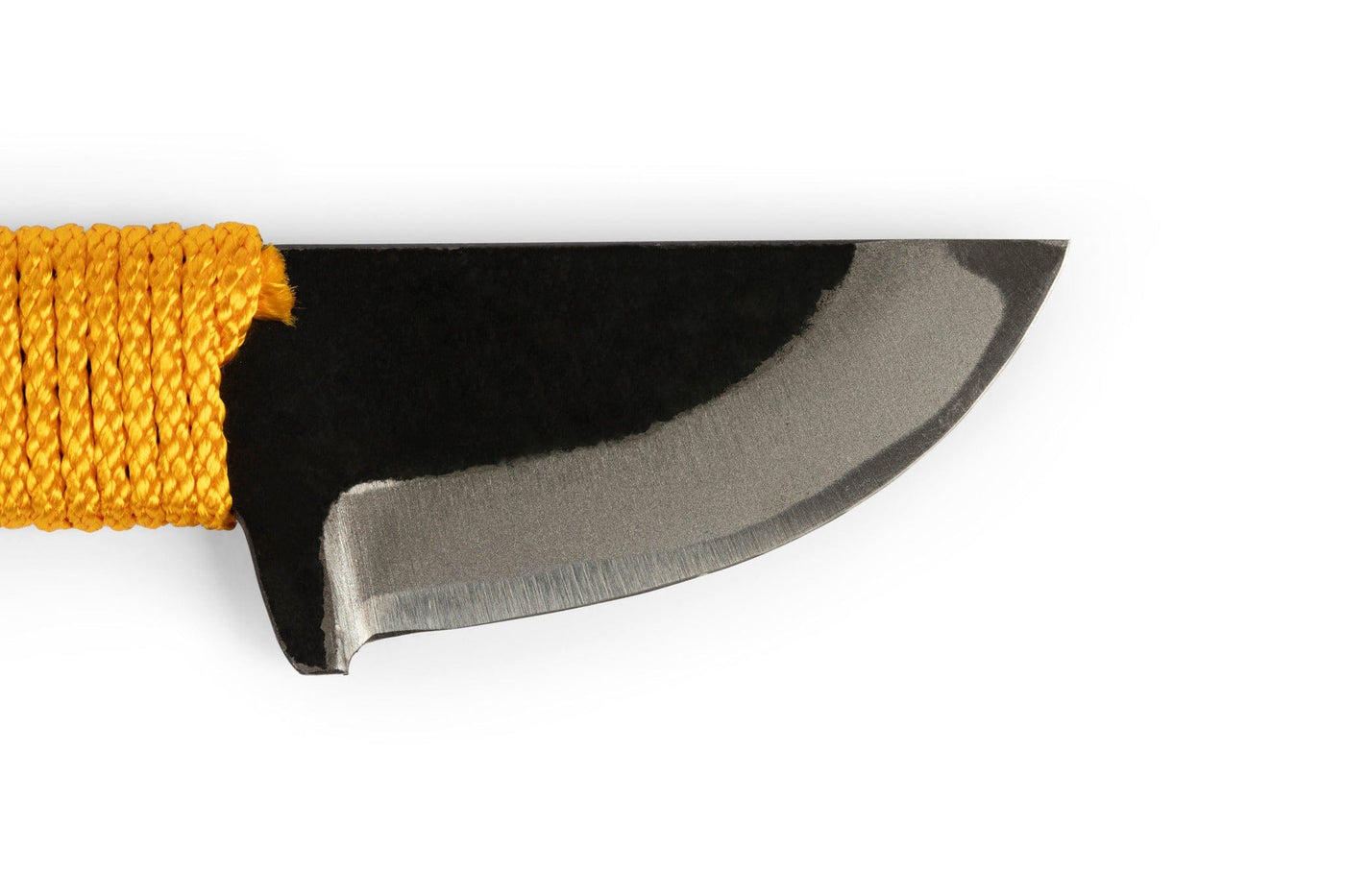 Close-up of the MARU Japanese Carving Knife Curved Blade, featuring a sharp black-finished blade and a handle wrapped in bright yellow cord, set against a plain white background.