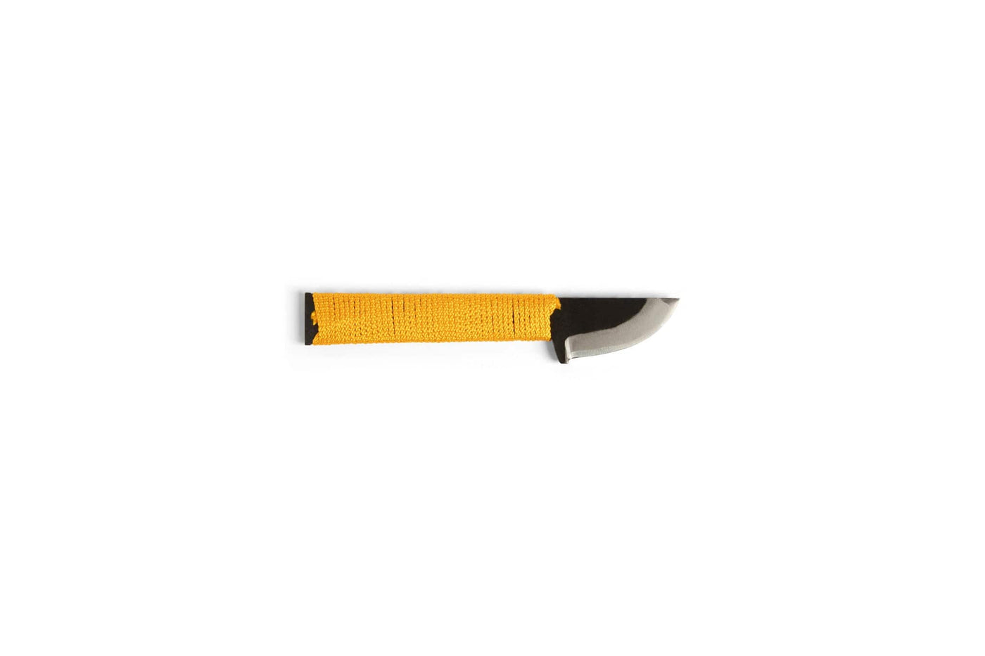 The MARU Japanese Carving Knife Curved Blade features a small, curved grey metal blade and a handle wrapped in bright yellow fabric, displayed against a plain white background.