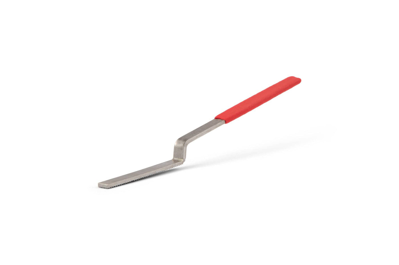 The MARU Iwasaki Carving File Crank Neck With Rubber Grip features a flat, notched blade and a red crank neck handle, shown isolated on a white background.